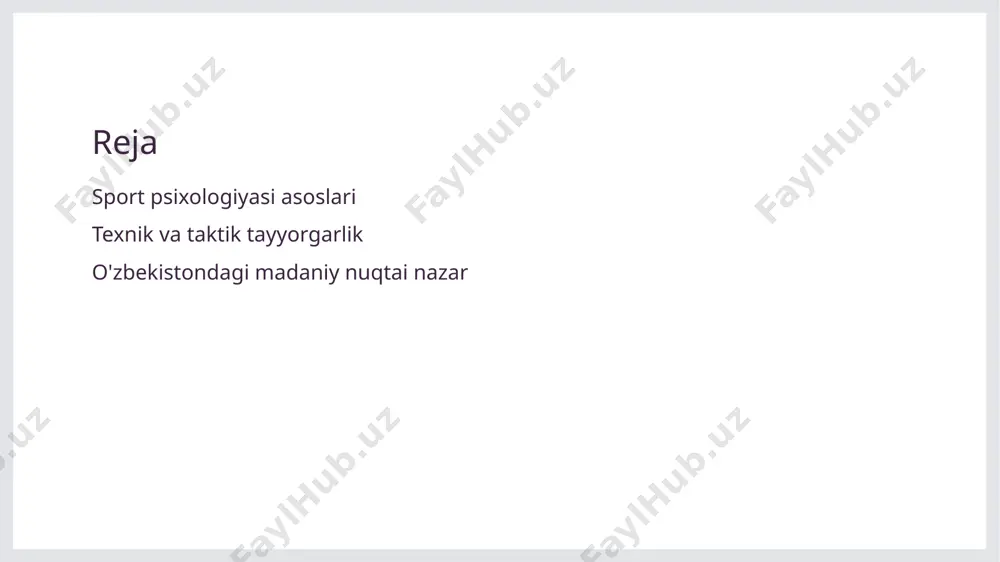 qiyatini oshiradi. 3 motivatsiya va natijalar motivatsiya sportchilarning mahoratini oshirishda va o'yin jarayonida yanada samarali bo'lishida muhim rol o'ynaydi. yuqori motivatsiya natijalarni yaxshilaydi va raqobatbardosh ruhni kuchaytiradi. texnik tayyorgarlik: sportchilarning mahoratini oshirish strategiyalari. texnik ko'nikmalar sportchilar texnik ko'nikmalarini rivojlantirish orqali o'zlarining yutuqlarini oshiradilar, buning uchun aniq maqsadlar va mashg'ulot rejasi zarur. o'qitish usullari individual va jamoaviy o'qitish usullari, sportchilar uchun individual yondashuvni ta'minlab, mahoratni tez va samarali oshirishga yordam beradi. psixologik tayyorgarlik sportchilarning texnik tayyorgarligida psixologik tayyorgarlik muhim ahamiyatga ega. bu o'z-o'zini ishonch, stressni boshqarish va diqqatni jamlashni o'z ichiga oladi. taktik tayyorgarlik: o'yin vaziyatlarida qaror qabul qilish jarayoni. 1 taktik tayyorgarlik taktik tayyorgarlik, sportchilarni o'yin vaziyatlarida samarali qarorlar qabul qilishga tayyorlaydi, bu esa ularning muvaffaqiyatini ta'minlaydi. 2 qaror qabul qilish jarayoni o'yin davomida sportchilar, tezkor vaziyatlarda qaror qabul qilishni talab qiladi, bu esa psixologik tayyorgarlikni kuchaytiradi va uslublarni o'zlashtirishga yordam beradi. 3 psixologik omillar sportchilarning qaror qabul qilish jarayonida …