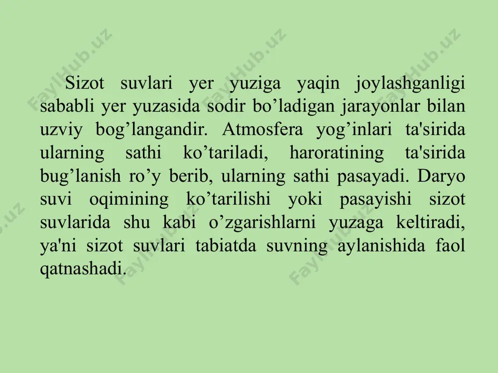 rsatgan bo’lamiz. bu ko’rsatgich chiziqlar "tok" chiziqlari deyiladi burg’ilash quduqlarida berilgan sizot suvlarining chuqurligidan foydalanib bir xil chuqurlikli nuqtalari tekis egri chiziqlar bilan tutashtirib izobatlar o’tkaziladi. 0-1m ,1-3 m, 3-5,0 m, 5-7,0 m, 7,0-10,0 m va 10< oraliq chuqurlikli maydonchalarning chegaralarini o’tkazamiz. so’ngra ajratilgan maydonchalar turli xil ranglar bilan bo’yaladi. xarita tuzilganidan so’ng undagi shartli belgilar uning o’ng tomoniga joylashtiriladi, nomi va masshtabi xaritaning yuqorisiga yoziladi. masshtab 1:2000 shartli belgilar 0-1m 1-3 m 3-5 m 5-7 m 10 < - gorizontal - gidroizogips - botqoqlanish - daryo - tok chiziqlari xaritadan foydalanib quyidagi masalalar yoritiladi: 1. xududning relef sharoiti, eng yuqori va past balandliklar (relefi, umumiy tavsif, notekisligi, yo’nalishi va nishabi). 2. sizot suvlari yuzasi relefiga umumiy tavsif, joylashish chuqurligi va nishabi, alohida xususiyatlari. 3. yer usti va yer osti suvlarining o’zaro bog’liqligi. 4. sizot suvlarining oziqlanish va sarflanish maydonlarining yo’nalishi. 5. sizot suvlari sathi 2,0 m ko’tarilganda qaysi maydonlarda …