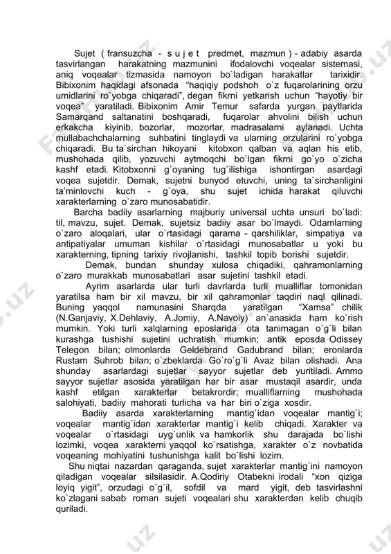 monlarda geldebrand gadubrand bilan; eronlarda rustam suhrob bilan; o`zbeklarda go`ro`g`li avaz bilan olishadi. ana shunday asarlardagi sujetlar sayyor sujetlar deb yuritiladi. ammo sayyor sujetlar asosida yaratilgan har bir asar mustaqil asardir, unda kashf etilgan xarakterlar betakrordir; mualliflarning mushohada salohiyati, badiiy mahorati turlicha va har biri o`ziga xosdir. badiiy asarda xarakterlarning mantig`idan voqealar mantig`i; voqealar mantig`idan xarakterlar mantig`i kelib chiqadi. xarakter va voqealar o`rtasidagi uyg`unlik va hamkorlik shu darajada bo`lishi lozimki, voqea xarakterni yaqqol ko`rsatishga, xarakter o`z novbatida voqeaning mohiyatini tushunishga kalit bo`lishi lozim. shu niqtai nazardan qaraganda, sujet xarakterlar mantig`ini namoyon qiladigan voqealar silsilasidir. a.qodiriy otabekni irodali “xon qiziga loyiq yigit”, orzudagi o`g`il, sofdil va mard yigit, deb tasvirlashni ko`zlagani sabab roman sujeti voqealari shu xarakterdan kelib chuqib quriladi. ikkinchidan, asarda davr sharoiti mantig`iga yozuvchi izchil ravishda amal qiladi. xix asrning ikkinchi yarmida ro`y berishi mumkin bo`lgan voqealar (xon va beklarning amal uchun kurashlari, qipchoq va qorachoponlar o`rtasidagi qirg`in, xotin …