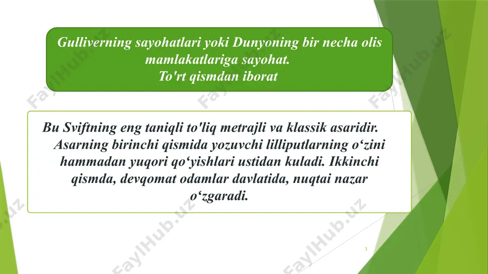 rbi, laggnegg, glabbdobdrib va yaponiyaga sayohat. (1706-yil 5-avgust – 1710-yil 16-aprel) qayta yo'lga chiqqan gulliver kemasi hujumga uchraydi. qaroqchilar qo’liga tushadi. gulliver laputa nomli uchar orolga tushib qoladi. bu orol balnibarbi davlatining poytaxti. gulliver davlatning qitʼa qismiga tushadi. u yerda barcha ziyoli odamlar haddan tashqari matematika va musiqa bilan band boʻlganlari uchun, boshqa hech narsaga eʼtibor bermaydilar. qitʼada „projektorlar akademiyasi“ mavjud. u yerda har xil ilmiy boʻlmagan, kulgili tashabbuslar hayotga tadbiq qilinadi. davlat hokimiyati esa bularni qoʻllab quvvatlaydi. shu sababli davlatning rivoji past darajada boʻladi. kitobning bu qismida, muallif yashagan vaqtda mavjud boʻlgan, chayqovchilikka asoslangan nazariyalarga oʻyuvchi satira mavjud. gulliver, kemasi kelguncha, glabbdobdribga sayohat qiladi. u yerda oʻlganlarning soyalarini chaqira oladigan afsungarlar bilan tanishadi va buyuk ilm arboblari bilan suxbat quradi. u oʻzining zamondoshlari va ajdodlarini taqqoslaydi. bundan keyin gulliver laggnegg davlatiga keladi. bu yerda struldbruglar — abadiy yashaydigan, oʻlmas odamlarni koʻradi. ular doimiy, mazmunsiz, azob va kasalliklarga toʻla hayotga …
