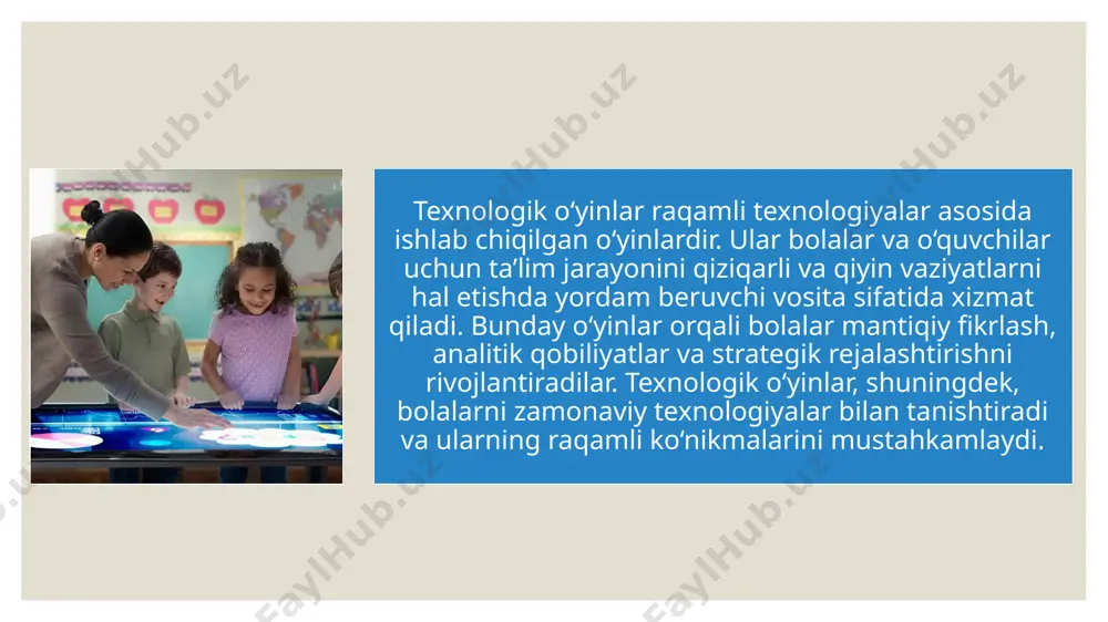 raqamli ko‘nikmalar va jamoaviy ishlash qobiliyatlarini rivojlantiradi. texnologik o‘yinlarning klassifikatsiyasi ularning ta’lim jarayonida qanday foydalanilishini ko‘rsatadi va har bir tur o‘ziga xos maqsadlar va vazifalarga ega. shu sababli, ta’lim sohasida texnologik o‘yinlardan foydalanish bolalar rivojlanishiga sezilarli hissa qo‘shadi. e’tiboringiz uchun raxmat ! image2.jpg /docprops/thumbnail.jpeg
