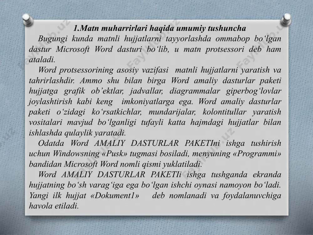 7 dasturi boshqa eski office dasturlaridan o’zining tugmalar satri joylashishi bilan farqlanadi. buni qisqacha quyidagicha ko’rsatish mumkin: 1. qo’shimcha oyna. 2. guruhlar. 3. buyruqlar tugmasi. quyidagi rasmda biz raqamlar orqali ifodalangan microsoft office word 2007 matn muharriri oynasining asosiy elementlari bilan tanishib chiqamiz: 1. sarlavha satri. oynaning nomi yozilgan qism yoki sarlavha satri, ya’ni biz bu yerda ish olib borayotgan matnning nomi va asosiy oynaning nomini o‘qishimiz mumkin; 2. tezkor kirish paneli. 3. qo’shimcha oyna. 4. guruhlar. 5. buyruqlar tugmasi. 6.tabulyatsiya. tabulyatsiya belgisini tanlash amalga oshiriladigan joy; 7. gorizontal lineyka satri. bu satr yordamida ish qog‘ozining chap va o‘ng chegarasini, hamda tayyorlanayotgan matnning chap va o‘ng chegaralarini, qizil hat (otstup) nuqtasini, tabulyatsiya belgilarini o‘rnatish mumkin; 8. vertikal lineyka satri. bu satr yordamida esa ish qog‘ozining yuqori va quyi qismlarini o‘rnatish mumkin; 9. vertikal yo‘lakcha. bu buyruqdan matnni vertikal yo‘nalishda varaqlash uchun ishlatiladi; 10. yo‘lakcha ob`ektlari (alt + ctrl + home). …