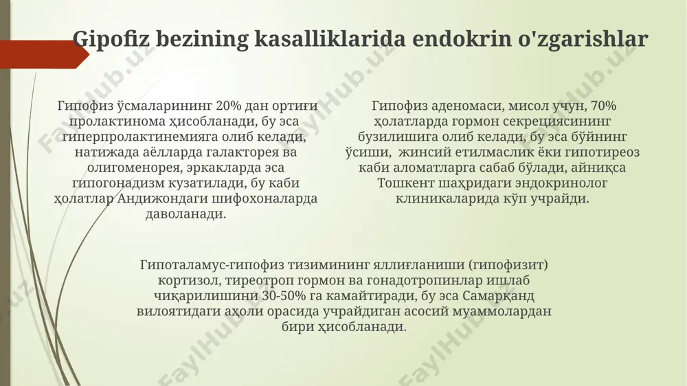 ta'sir ko'rsatishi mumkin. qandli diabetda endokrin o'zgarishlar 2-toifa diabetga chalingan 40 yoshdan oshgan toshkentlik bemorlarda giperinsulinemiya kuzatiladi, bu esa ateroskleroz va yurak-qon tomir kasalliklari xavfini oshiradi. qandli diabetda insulin sekretsiyasining pasayishi yoki to'qimalarning insulin ta'siriga chidamliligi tufayli qonda glyukoza miqdori 7 mmol/l dan oshadi, bu esa buyraklarning giperfunksiyasiga va poliuriyaga olib keladi. qandli diabetda, ayniqsa 1-toifa diabetda, avtoimmun jarayonlar natijasida langerhans orolchalari hujayralarining %80 dan ortig'i yo'q qilinishi mumkin, bu esa absolyut insulin yetishmovchiligiga olib keladi. buyrak usti bezi kasalliklarida endokrin o'zgarishlar buyrak usti bezi giperplaziyasi, 5-10% hollarda genetik sabablarga bog'liq bo'lib, kortizol va androgenlar ishlab chiqarilishining ortishiga, natijada cushing kasalligi va virilizatsiyaga olib kelishi mumkin. addison kasalligi, buyrak usti bezining gipokortisizmiga olib keladi, bu esa qon plazmasida kortizol darajasining 10 ng/ml dan pastga tushishi bilan namoyon bo'ladi va buyrak usti bezining giperpigmentatsiyasi bilan birga keladi. buyrak usti bezi o'smalari, masalan, feoxromotsitoma, katexolaminlar (adrenalin, noradrenalin) ishlab chiqarishining keskin oshishiga olib …