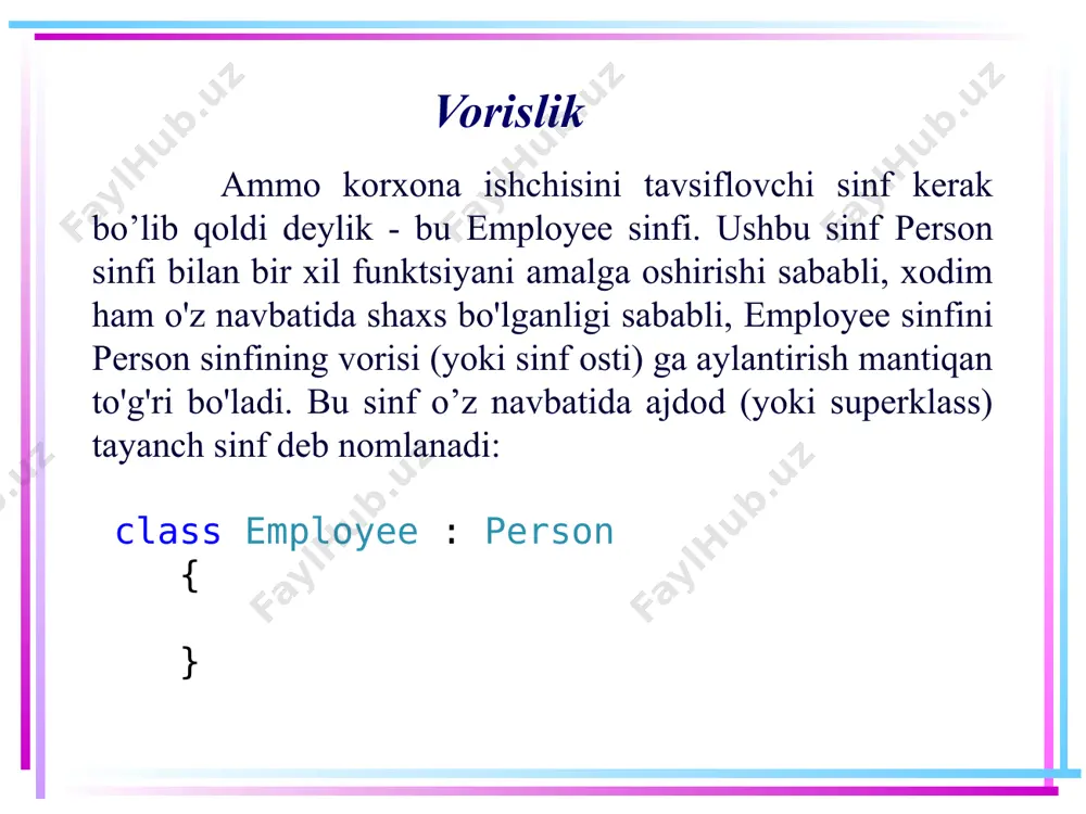 e nomli umumiy xossa mavjud, shuning uchun quyidagi kod to’g’ri ishlaydi: class employee : person { public void display() { console.writeline(name); } } 10 hosilaviy sinfdan tayanch sinf a'zolariga kirish shunday qilib, hosilaviy sinfdan tayanch sinfning faqat private protected modifikatorlari bilan belgilangan a'zolariga kira oladi (agar tayanch va hosilaviy sinflar bir xil dasturlar jamlanmasida bo'lsa), public, internal (agar tayanch va hosilaviy sinflar bir xil dasturlar jamlanmasida bo'lsa). shuningdek, hosilaviy sinfdan tayanch sinfning protected и protected internal modifikatorlari bilan belgilangan a'zolariga kira oladi. 11 base kalit so’zi endi sinflarimizga konstruktorlarni qo'shaylik: class person { public string name { get; set; } public person(string name) { name = name; } public void display() { console.writeline(name); } } 12 base kalit so’zi class employee : person { public string company { get; set; } public employee(string name, string company) : base(name) { company = company; } } person sinfi name xususiyatini o'rnatadigan konstruktorga …