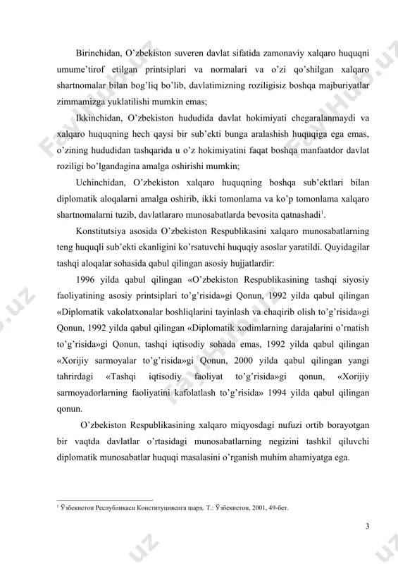 vaqtda davlatlar o’rtasidagi munosabatlarning negizini tashkil qiluvchi diplomatik munosabatlar huquqi masalasini o’rganish muhim ahamiyatga ega. kurs ishining maqsadi: tashqi munosabatlarning mazmunini tashkil qiluvchi diplomatik huquq masalasini yoritib berish kurs ishining asosiy maqsadi hisoblanadi. kurs ishining vazifalari: - tashqi siyosat va diplomatiya tushunchasining mohiyatini yoritib berish; - davlatning tashqi aloqalar olib boruvchi organlari tizimini aniqlab, ularning faoliyatini yoritib berish; - diplomatik vakilning akkreditatsiyasi, imtiyoz va immunitetlarini o’rganish va ularni tahlil qilish; - o’zbekiston respublikasida diplomatik xizmatning tashkil etilishi borasidagi normativ-huquqiy hujjatlarni tahlil qilish. 1. tashqi siyosat va diplomatiya tushunchasi diplomatik munosabatlarning vujudga kelishi uzoq tarixiy davrlarga borib taqaladi. “diplomatiya” atamasi yunoncha “diploma” so’zidan kelib chiqqan. diplomatiya davlatning tashqi siyosati maqsadi va vazifalarini tinch vositalar bilan amalga oshirish, shu bilan birga davlat va fuqarolarning xorijda xuquq va manfaatlarini muhofaza qilish bo’yicha uning tashqi munosabat organlari rasmiy faoliyati bilan belgilanadi. diplomatik va konsullik huquqi davlatlar va xalqaro huquqning boshqa sub’ektlari o’rtasidagi munosabatlar tartibiga …