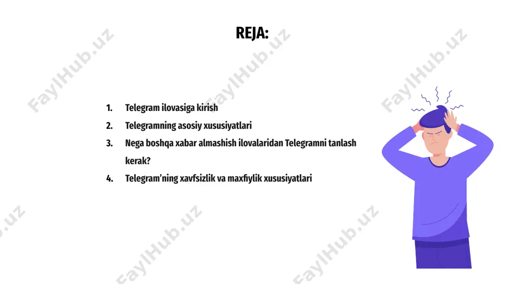 ilovalaridan ajratib turadigan ishonchli va xavfsiz xabar almashish tajribasini taqdim etadi. uning foydalanuvchi maxfiyligi va innovatsiyalarga sodiqligi uni xavfsiz va qulay aloqa platformasini qidirayotganlar uchun eng yaxshi tanlovga aylantiradi. telegram’ning xavfsizlik va maxfiylik xususiyatlari telegram ilovasi xavfsiz xabar almashish uchun uchdan-end shifrlashni taklif qiladi, bu faqat jo'natuvchi va qabul qiluvchining suhbatlari mazmuniga kirishini ta'minlaydi. foydalanuvchilar maxfiylik va xavfsizlikni yaxshilash uchun ma'lum vaqtdan keyin xabarlarni avtomatik ravishda o'chirib tashlash uchun o'z-o'zini yo'q qilish taymerini yoqish imkoniyatiga ega. bundan tashqari, telegram ixtiyoriy oʻz-oʻzini yoʻq qilish taymerlari bilan maxfiy suhbatlar, ikki bosqichli tekshiruv va qoʻshimcha xavfsizlik uchun yashirin chatlar yaratish kabi funksiyalarni taqdim etadi. telegram guruh chatlari va kanallari telegram ilovasi foydalanuvchilarga guruh chatlari va kanallarida qatnashish imkoniyatini taqdim etadi, bu esa a'zolar o'rtasida oson muloqot va hamkorlik qilish imkonini beradi. guruh suhbatlari foydalanuvchilarga real vaqt rejimida bir nechta ishtirokchilar bilan muloqot qilish imkonini beradi, bu munozaralarni, fayllarni almashishni va vazifalarni muvofiqlashtirishni osonlashtiradi. …
