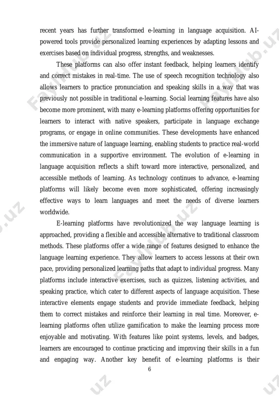 meet the needs of diverse learners worldwide. e-learning platforms have revolutionized the way language learning is approached, providing a flexible and accessible alternative to traditional classroom methods. these platforms offer a wide range of features designed to enhance the language learning experience. they allow learners to access lessons at their own pace, providing personalized learning paths that adapt to individual progress. many platforms include interactive exercises, such as quizzes, listening activities, and speaking practice, which cater to different aspects of language acquisition. these interactive elements engage students and provide immediate feedback, helping them to correct mistakes and reinforce their learning in real time. moreover, e- learning platforms often utilize gamification to make the learning process more enjoyable and motivating. with features like point systems, levels, and badges, learners are encouraged to continue practicing and improving their skills in a fun and engaging way. another key benefit of e-learning platforms is …