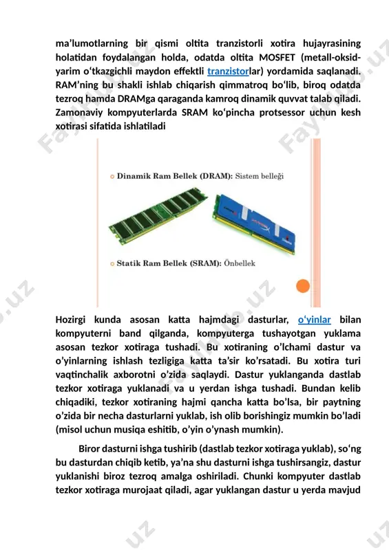 an turi hisoblanadi. maksimal chastotasi 800 mgц gacha. ddr3 zamonaviy, yangi chiqgan operativ xotira turi hisoblanadi. maksimal ishlash chastotasi 1800 mgц gacha. har bir operativ xotira turi o’zining platasiga ega, ya’ni platadagi slot faqat bir turdagi operativ xotirani qabul qiladi. misol uchun, ddr1 uchun mo’ljallangan plataga ddr2 ni o’rnatib bo’lmaydi. chunki har bir operativ xotira turi o’zgacha ulanish tishlariga ega. o’lchami bir xil bo’lishi mumkin lekin tishlari o’rtasida farq bor. ularni ajrata olmay kuch ishlatib operativ xotirani ham platani ham buzib qo’ymang. muhim ma’lumotlardan biri shuki, plata shinasini ham operativ xotrani ulashda e’tiborga olish, uning chastotasini ham bilib qo’yish zarur. bu ma’lumotni siz kompyuter platasi xujjatidan topishingiz mumkin. misol uchun, agar siz 800 mgц da ishlaydigan ddr2 operativ xotirasini 533mgц shinada ishlaydigan plataga ulasangiz, operativ xotirangiz ham 533 mgц da ishlaydi. siz 800 mgц da ishlash shunaqa sekin bo’lar ekan deb yuraverasiz. ya’na bir muhim ma’lumot. agar siz har xil …