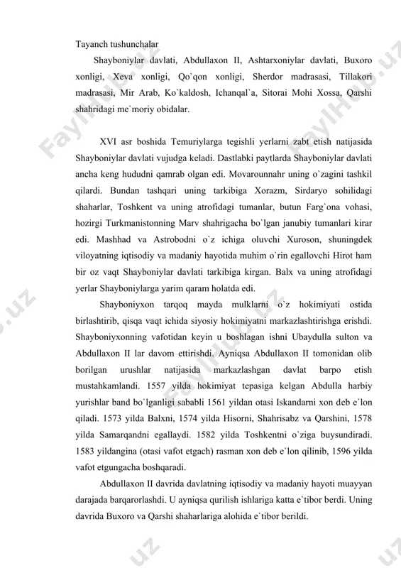 da e`tibor bеrildi. ashtarxoniylar sulolasining asoschisi joni muhammad sulton astraxan xonligida hukmronlik qilgan chingiziylar avlodiga mansub bo`lib, ivan grozniy astraxanni bosib olgach shayboniylar saroyidan boshpana topgan edi. bu yеrda u abdullaxonning singlisiga uylanib oila a`zosiga aylangan edi. shayboniylar sulolai butunlay qirib tashlangach zodogonlar joni muhammadga taxtni egallashni taklif qilishadi. lеkin u taklifni o`g`li din muhammad sulton foydasiga taxtdan voz kеchadi. bu vaqtda obivardda bo`lgan din muhammad buxoroga yеtib kеlmay halok bo`ladi va uning ukasi boqi muhammad xon dеb e`lon qilinadi. jonibеkning uchinchi o`g`li vali muhammad taxt vorisi dеb e`lon qilinadi. shu tariqa ashtarxoniylar hokimiyat tеpasiga kеlib, buxoro taxtini 1920 yilgacha boshqargan. muhammad rahim hukmronligi davridan (1753-1758) boshlab xonlik amirlik dеb e`lon qilinadi. 1512 yilda xorazm mustaqil davlatga aylanadi, biroq shayboniy xonlar bilan doimiy ravishda o`zaro urushlar bo`lib turgan. buxoro xonligida siyosiy parokandalik avjiga chiqqan bir paytda xviii asrning boshlarida farg`ona vodiysi buxoro xonligidan ajralib chiqib mustaqil davlatga aylanadi. shu tariqa …