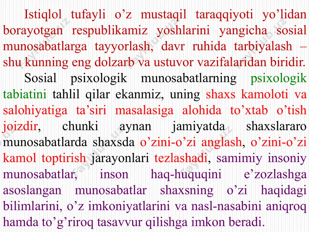 iya zaminida har bir talabaning rivojiga turtki berish, uning muomala tafakkuri o’sishiga ta’sir etish usullarini qo’llashda eng samarali muomala shakllarini amaliyotga tatbiq etish zarur. demokratik, teng huquqlilikka asoslangan o’zaro munosabatlargina talabaga o’zini-o’zi anglash, kelajakda jamiyatga nima bera olishi haqida tasavvurlarga ega bo’lish, o’z ruhiyatida «ichki tartib-intizom»ni joriy etish va shu asosda o’zini-o’zi ruhiy-ma’naviy jihatdan tarbiyalash tizimini amalga oshirishga imkon beradi. zero, shaxs ma’naviyati rivoji ham avvalo o’zini-o’zi anglash, keyinchalik o’z manfaatini anglash va nihoyat jamiyatni tanish bosqichlarini taqozo etadi. ikkinchidan, aynan yangicha demokratik munosabatlar yoshlarni kasbga to’g’ri yo’naltirish, o’z iqtidori doirasida kasb tanlash, unga to’g’ri munosabatda bo’lish, boshqacha qilib aytganda, bozor munosabatlari ehtiyojlari va talablariga xos hamda har bir shaxsning layoqatiga va maslagiga mos kasbni tanlashga yo’naltiradi. bu jarayon keyinchalik mutaxassis uchun zarur bo’lgan kasb mahorati va professionalizm uchun muhim zamin hozirlaydi. uchinchidan, har bir shaxs uchun o’z erkinligini anglash, o’ziga munosabatlarning ijobiyligini his qilish muhim ahamiyat kasb etishini hisobga …