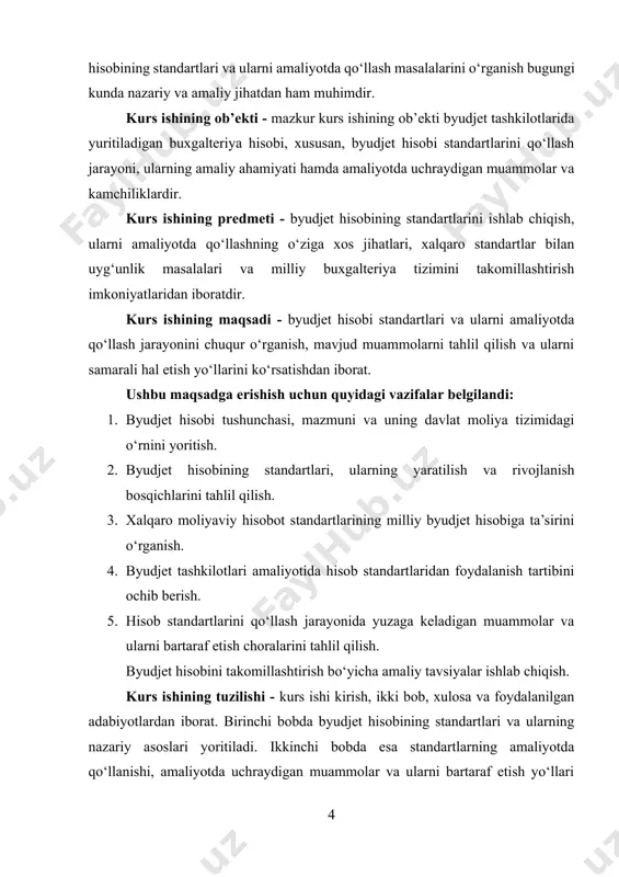 djetdan tashqari mablag‘larning shakllanishi, taqsimlanishi hamda ulardan foydalanilishi ustidan buxgalteriya hisobini yuritish tushuniladi. bu hisobning asosiy vazifasi davlatning moliyaviy resurslarini aniq qayd qilish, ularning yo‘nalishlarini belgilash va maqsadli foydalanilishini nazorat qilishdan iboratdir. oddiy qilib aytganda, byudjet hisobi davlatning daromad va xarajatlari qay tarzda shakllanayotganini va ulardan qanday foydalanilayotganini ko‘rsatib beradigan tizimdir[footnoteref:1]. [1: abdullayev, s. buxgalteriya hisobi va audit. – toshkent: iqtisodiyot, 2019. – 356 b.] byudjet hisobining mohiyatini anglash uchun uni boshqa hisob turlari bilan solishtirish foydali bo‘ladi. masalan, tijorat tashkilotlarining hisobida asosiy maqsad foyda olish bo‘lsa, byudjet hisobida esa davlat ijtimoiy, iqtisodiy va siyosiy maqsadlarini amalga oshirish uchun ajratilgan mablag‘larning samarali ishlatilishini ta’minlashdir. bu jihatdan byudjet hisobi natijaviy foydani emas, balki byudjet intizomi va mablag‘larning maqsadli sarflanishini ko‘rsatadi. masalan, maktablar, kasalxonalar yoki boshqa byudjet tashkilotlariga ajratilgan mablag‘lar aniq belgilangan yo‘nalishlarda sarflanishi shart bo‘lib, buni byudjet hisobi orqali nazorat qilish mumkin. byudjet hisobining yana bir muhim tomoni shundaki, u davlatning …