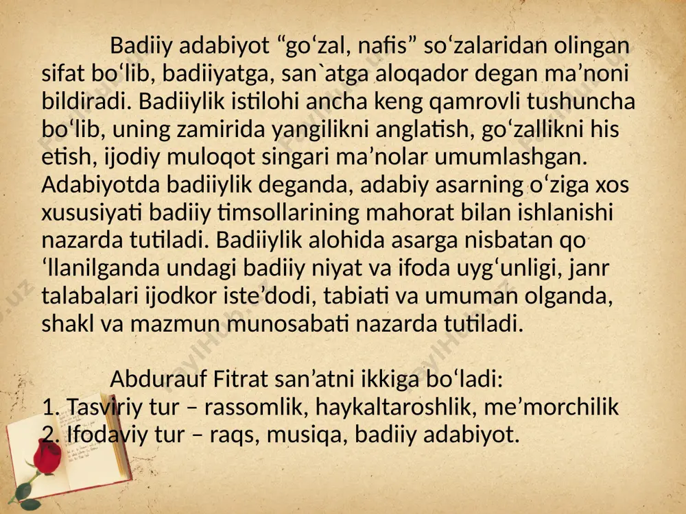 rganishda muhim adabiy manba sanaladi. shundan badiiy ad-tni “hayot darsligi” deb ataydilar. konseptuallik vazifasi. adabiyot – hayotni badiiy tadqiq etish vositasidir. a. kitobxonni bilishdan idrok etishga, undan anglashga va yanada chuqurroq qaraganda hayot hodisalarini tadqiq etishga qarab yo‘naltiradi. adabiyot hayotda va badiiy asarlarida insonlarning qadrini ko‘taradi va mana shu ma’noda har bir inson jamiyat uchun qadrli ekanligini anglash orqali jamiyatni taraqqiy ettirish ishiga hissa qo‘shadi. adib hayotning yangi modelini yaratar ekan, u o‘z asariga muallif konsepsiyasini singdiradi, dunyoni tadqiq etishning o‘z usulini tavsiya etadi. emotsional, hissiy tarbiya berish. bu bilan adabiyot inson tuyg‘ularini yangilaydi, uni his qilishga, sevishga, ardoqlashga o‘rgatadi. u kitobxon tuyg‘ulariga ta’sir etib, tuyg‘u uyg‘otuvchi ma’naviy kuchga ega bo‘lishi kerak, aks holda adabiyot tashigan tuyg‘ular chala, yuzaki, engil-elpi va muayyan maqsadga yo‘naltirilmay qoladi. emotsional tarbiya jarayonida adabiyot san’at turi sifatida kitobxonga lazzat bag‘ishlaydi. badiiy ijod odamlarga go‘zallikni anglatishi va badiiy haqiqati bilan quvonch keltira-di. san’atning gedonistik funksiyasi har …