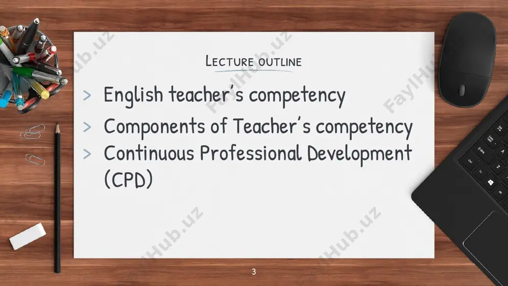 to be successful in a job.” j. jalolov "is achieved level of language profeciency” 15 so, teacher competency: the common understanding related to teachers’ competencies is divided into three main areas as field competencies, pedagogical competencies and cultural competencies. 16 use diagrams to explain your ideas 17 lorem ipsum lorem ipsum lorem ipsum lorem ipsum lorem ipsum lorem ipsum lorem ipsum components of teacher’s competency content knowledge (their subjects) pedagogic content knowledge (adapt content according to learners’ needs) general pedagogic knowledge (e.g. classroom management, planning, aids and resources, assessment) curricular knowledge (knowledge of syllabus and standard) contextual knowledge (learners’ characteristics, school norms, community expectations) process knowledge (study skills, team skills, observational skills, ability to relate to learners, peers and parents) source: j. roberts (1998) language teacher education london: arnold 18 teacher competency 19 management psychological pedagogical researchers mentioned following aspects of pedagogical competence in the works of these researchers: the …