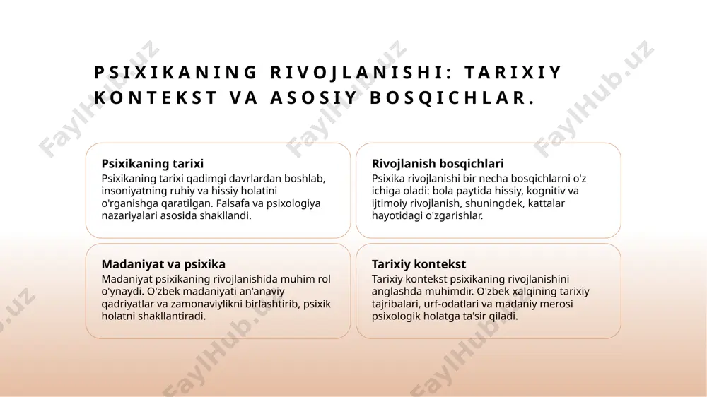 sir o'zbekistondagi ijtimoiy tizim va oilaviy munosabatlar psixologik rivojlanishga katta ta'sir ko'rsatadi. oilaviy qadriyatlar va jamoaviylik hissi muhimdir. o'zbek madaniyatida psixologik ta'sirlarning tarixiy o'rni. 1 o'zbek madaniyati o'zbek madaniyati, tarixiy va an'anaviy qiymatlari bilan ajralib turadi, psixologik ta'sirlar esa uning rivojlanishida muhim rol o'ynaydi. 2 an'analar va psixika o'zbek xalqining an'analari, psixologik holatlarni shakllantiradi, ruhiy barqarorlikni ta'minlaydi va jamoaviy identitetni mustahkamlaydi. 3 madaniyat va identitet o'zbek madaniyati, milliy identitetni rivojlantirishda psixologik ta'sirlarni o'z ichiga oladi, bu orqali xalqning o'ziga xosligi namoyon bo'ladi. 4 tarixiy ta'sirlar tarix davomida, o'zbek madaniyatidagi muhim voqealar va shaxslar, psixologik ta'sirlarni kuchaytirib, xalqning ruhiy holatini shakllantirib kelgan. o'zbek xalq an'analari va psixologik holat: o'zaro bog'liqlik. o'zbek an'analari o'zbek xalq an'analari, qadimiy urf-odatlar va marosimlar psixologik hissiyotlar va ijtimoiy aloqalarni shakllantirishda muhim rol o'ynaydi. psixologik holat an'analarning psixologik holatga ta'siri, odamlarning hissiy va ruhiy barqarorligini ta'minlashda, o'ziga xos tarzda namoyon bo'ladi. o'zaro bog'liqlik o'zbek an'analari va psixologik …