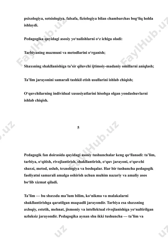 ar keng qo‘llanilmoqda. ular orqali nafaqat ta’lim mazmuni, balki o‘quvchi va o‘qituvchi o‘rtasidagi munosabatlar, dars tuzilmasi, baholash mezonlari, didaktik vositalar ham tubdan yangilanmoqda. shunday qilib, pedagogika — bu faqat nazariy bilimlar yig‘indisi emas, balki u hayot bilan, jamiyat bilan uzviy bog‘liq bo‘lgan amaliy fan sifatida qaraladi. ayniqsa, boshlang‘ich ta’lim pedagogikasining poydevoriga asos bo‘luvchi umumiy pedagogik tushunchalarni o‘zlashtirish har bir o‘qituvchi uchun zarurdir. 6 1.2. boshlang‘ich ta’lim pedagogikasining shakllanishi va taraqqiyoti boshlang‘ich ta’lim pedagogikasi pedagogika fanining muhim yo‘nalishlaridan biri bo‘lib, o‘zining shakllanishi va rivojlanishida jamiyat taraqqiyotining turli bosqichlari, ta’lim tizimidagi islohotlar va pedagogik tafakkurning o‘sishi bilan chambarchas bog‘liq bo‘lgan. mazkur fan zamirida bolaning ilk bosqichdagi — ya’ni 6–10 yosh oralig‘idagi o‘quvchilarning o‘ziga xos xususiyatlarini hisobga olgan holda ta’lim-tarbiya jarayonini samarali tashkil etish tamoyillari yotadi. boshlang‘ich ta’lim pedagogikasi tarixiga nazar tashlaydigan bo‘lsak, qadimgi sharq allomalari — abu nasr forobiy, abu ali ibn sino, al-xorazmiy, alisher navoiy kabi buyuk mutafakkirlar bolani tarbiyalashda dastlabki …