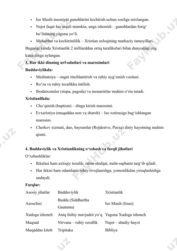 les 3. https://buddhanet.net 4. https://christianity.com 5. vikipediya: buddaviylik, xristianlik maqolalari mavzu: buddaviylik va xirstiyalik dinlarining farqlari reja: 1. kirish: dinlar o‘rtasidagi umumiylik va o‘ziga xoslik haqida 2. buddaviylik dini: paydo bo‘lishi, asosiy aqidalari 3. xristianlik dini: shakllanishi va e’tiqod asoslari 4. buddaviylik va xristianlik dinlarining asosiy farqlari 5. xulosa 6. foydalanilgan adabiyotlar kirish dunyo dinlari insoniyat tarixining eng muhim tarkibiy qismlaridan biri bo‘lib kelgan. har bir din o‘zining tarixiy sharoitida paydo bo‘lgan va jamiyat taraqqiyotiga muayyan ta’sir ko‘rsatgan. dinlar insonlarning ma’naviy hayotida, axloqiy qadriyatlarida, madaniy merosida chuqur iz qoldiradi. dunyodagi yirik dinlar orasida buddaviylik va xristianlik alohida o‘rin egallaydi. ushbu dinlarning shakllanish davri, geografik joylashuvi, asosiy aqidalari va dunyoqarashi turlicha bo‘lsa-da, ularning ayrim umumiy jihatlari ham mavjud. mazkur referatda buddaviylik va xristianlik dinlarining kelib chiqishi, asosiy g‘oyalari, e’tiqod tizimi va ularning o‘zaro farqlari tahlil qilinadi. asosiy qism buddaviylik dini haqida buddaviylik miloddan avvalgi vi–v asrlarda hindistonda vujudga kelgan. bu dinning …
