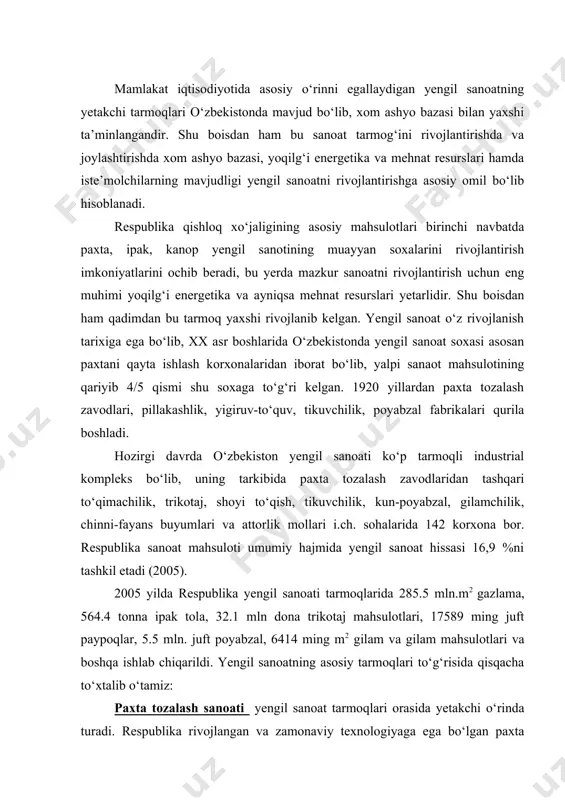t poyabzal, 6414 ming m2 gilam va gilam mahsulotlari va boshqa ishlab chiqarildi. yengil sanoatning asosiy tarmoqlari to‘g‘risida qisqacha to‘xtalib o‘tamiz: paxta tozalash sanoati yengil sanoat tarmoqlari orasida yetakchi o‘rinda turadi. respublika rivojlangan va zamonaviy texnologiyaga ega bo‘lgan paxta tozalash sanoatiga ega. paxta tolasi 40 ga yaqin xorijiy mamlakatlarga, jumladan buyuk britaniya, belgiya, janubiy koreya, shveysariya, aqsh, turkiya va boshqa mamlakatlardagi vositachi firmalar orqali eksport qilinadi. dunyoda paxta yetishtirish bo‘yicha 5-o‘rinni, paxta tolasi eksporti bo‘yicha 2-o‘rinni (aqshdan keyin) egallaydi. dastlabki paxta tozalash zavodlari 1874 yilda toshkentda qurilgan, rossiyada paxta xom ashyosiga bo‘lgan talabni oshishi bilan o‘zbekistonda paxta tozalash yengil sanoati tez rivojlandi. 1885 yilda 9 ta, 1890 yilda 27 ta, 1914 yilda 208 paxta tozalash zavodlari ishladi. asta-sekinlik bilan paxtachilik g‘alla ekinlarini siqib chiqara boshladi. keyingi 80 yil davomida paxta tolasi ishlab chiqarish qariyib 10 martaga ko‘paydi. ayniqsa 1980 yilda eng ko‘p 1745,3 ming tonna paxta ishlab chiqarildi. natijada paxta …