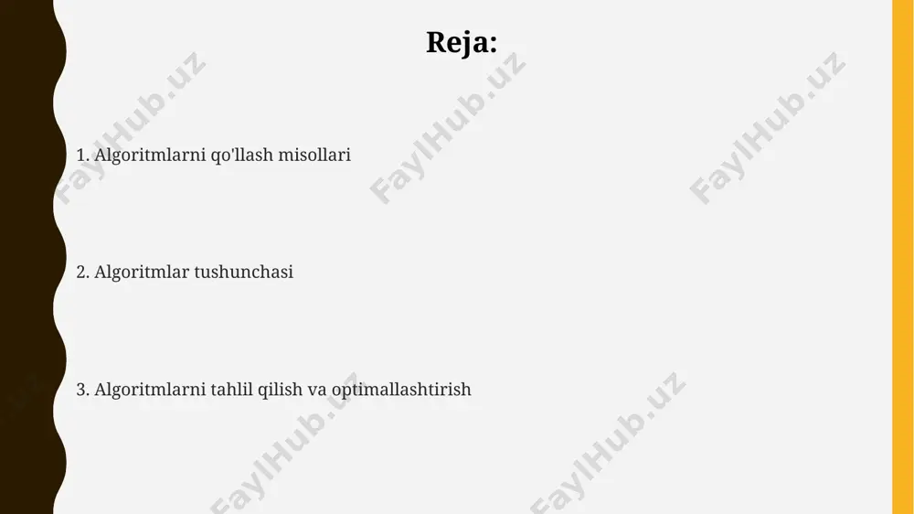ni to'g'riligini isbotlash uchun matematik induksiya, invariantlar va kontragre'mlar kabi usullar qo'llaniladi, bu esa algoritmning istalgan kirish uchun to'g'ri natijani qaytarishini kafolatlaydi. algoritmlar tushunchasi algoritmlarni loyihalashda va tahlil qilishda ko'pgina texnikalar qo'llaniladi, jumladan, rekursiya, dinamik dasturlash va bo'linib-yengish strategiyasi kabi algoritmik usullar. har bir algoritm kirish ma'lumotlarini qabul qiladi va chiqish ma'lumotlarini beradi; algoritmlar murakkabligi va samaradorligi o(n), o(n log n) va o(n²) kabi notaciyalar bilan o'lchanadi. algoritmlar aniq, qadam-baqadam ko'rsatmalar ketma-ketligidan iborat bo'lib, muayyan vazifani bajarish yoki muammoni yechish uchun ishlatiladi, masalan, 10 ta sonni saralash uchun 5 ta qadamdan iborat algoritm qo'llanilishi mumkin. algoritmlarni tasniflash qidiruv algoritmlari (masalan, chiziqli qidiruv, ikkilik qidiruv) va saralash algoritmlari (masalan, pufakcha saralash, tezkor saralash) kabi turli xil maqsadlarga mo'ljallangan algoritmlar guruhlari mavjud. rekursiv va iterativ algoritmlar kabi algoritmlarni amalga oshirish usullari bo'yicha ham tasniflash mumkin; bu yerda rekursiv algoritmlar o'zlarini chaqiradi, iterativ algoritmlar esa tsiklardan foydalanadi. algoritmlarni murakkablik darajasi bo'yicha, ya'ni o(n), …