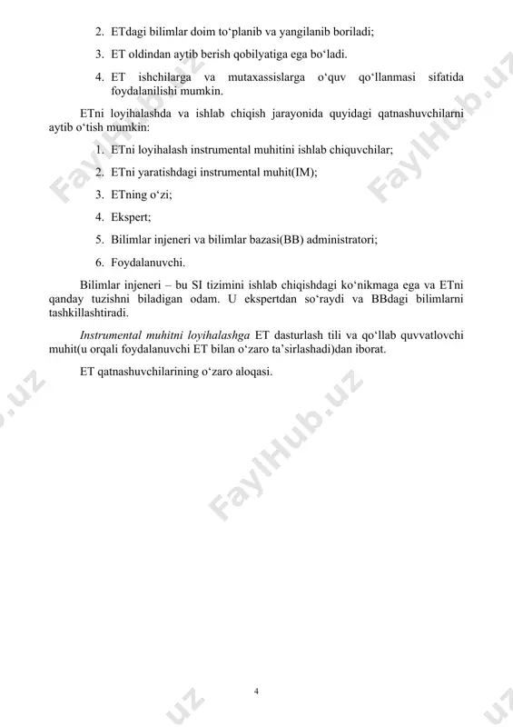 uning xususiyatlarini bildiradi. slot – bu ob’ekt xususiyati atributi tavsifi. etni tashkillashtirilgan strukturasi. et asosida bb yotadi. bu yerda bilim faktlar va qoidalarning o‘zaro bog‘liq shaklda qabul qilinadi, xoh ular to‘g‘ri bo‘lsin, xoh noto‘g‘ri yoki qaysidir darajada ishonchlilikka ega bo‘lsin. etda ko‘p qoidalar,masalan,empirik yoki tajribali qoidalar yoki soddalashtirish, evristika bo‘ladi. et evristikani ishlatishga majbur, chunki bu yerda yechiladigan masalalar odatda qiyin bo‘ladi va oxirigacha tushunib bo‘lmasligi, matematik yozuvga tushmasligi mumkin. fan sohasi haqida saralab olingan bilimlar bazaviy bilimlar, masalani yechishda qaror qabul qilishda ishlatiladiganlari esa umumiy bilimlar deyiladi. shunday qilib, etdagi bb faktlar va qoidalardan iborat bo‘ladi, qaror qabul qilish mexanizmida esa yangi bilimlar uchun qoidani qanday shaklda qabul qilishni aniqlashtiruvchi interpretator va bu qoidalarni qanday tartibda qabul qilishni o‘rnatuvchi dispetcher bo‘ladi. etning tashkillashtirilgan sxemasini quyidagi shaklda tasvirlash mumkin: bb (fan sohasidagi bilimlar) faktlar qoidalar interpretator dispetcher chiqari mexanizmi (masala yechilishidagi umumiy bilimlar) oddiy axborotni qayta ishlovchi dasturlardan etning farqli …
