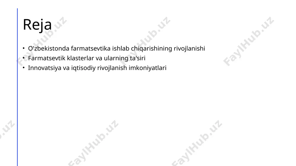 a mahalliy ishlab chiqarishni rivojlantirishda muhim rol o'ynaydi. innovatsiyalar ta'siri farmatsevtik sektorda innovatsiyalar, yangi dori vositalari va texnologiyalarni ishlab chiqish orqali iqtisodiy o'sishga hissa qo'shadi, raqobatbardoshlikni oshiradi. sektor va ijtimoiy rivojlanish o'zbekistondagi farmatsevtika sektori ijtimoiy rivojlanishga yordam berib, aholi salomatligini yaxshilash va sog'liqni saqlash tizimini mustahkamlashda muhim ahamiyatga ega. farmatsevtik klasterlar: o'zbekistonda innovatsiyalar va raqobatbardoshlikni oshirish. 1 farmatsevtik klasterlar farmatsevtik klasterlar, ishlab chiqarish va innovatsiyalarni birlashtirgan tashkilotlar bo'lib, o'zbekistonda raqobatbardosh mahsulotlar yaratishga yordam beradi. 2 innovatsiyalar va taraqqiyot klasterlar, tadqiqot va rivojlanishni rag'batlantirib, yangi dori vositalari va texnologiyalarni ishlab chiqish jarayonini tezlashtiradi, bu esa sog'liqni saqlashni yaxshilaydi. 3 raqobatbardoshlikni oshirish klasterlar o'rtasida hamkorlik, resurslarni birlashtirish va tajriba almashinuvi orqali o'zbekistonda farmatsevtika mahsulotlarining global bozorga kirishini osonlashtiradi. klasterlar va farmatsevtika sanoatining iqtisodiy o'sishga ta'siri. 1 klasterlar va rivojlanish farmatsevtik klasterlar, ishlab chiqarish va ta'minot zanjirlarini birlashtirib, iqtisodiy o'sishni tezlashtiradi va yangi ish o'rinlarini yaratadi. 2 innovatsiyalar va texnologiyalar klasterlar innovatsion texnologiyalarni …
