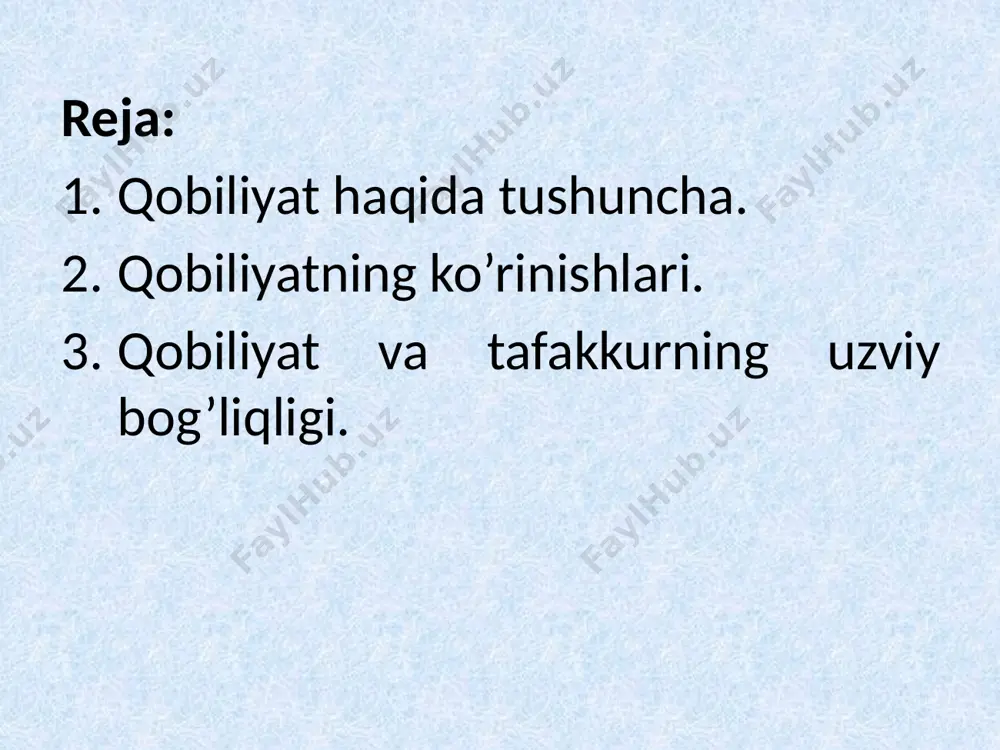 nida qobiliyatlar quyidagicha tavsiflanadi. tabiiy qobiliyatlar odamlar va hayvonlar uchun xos bo‘lib, idrok qilish xotirada saqlash, oddiy muloqotga kirisha olish shular jumlasidandir. maxsus insoniy qobiliyatlar ijtimoiy-tarixiy tabiatga ega bo‘lib, ijtimoiy hayot va taraqqiyotni ta’minlaydi. maxsus insoniy qobiliyatlar o‘z navbatida umumiy va xususiy qobiliyatlarga bo‘linadi. umumiy qobiliyatlar insonning turli faoliyatlari muvaffaqiyatini ta’minlovchi aqliy qobiliyatlar xotira va nutqning rivojlanganligi, qo‘l harakatlarini aniqligi va boshqa xususiyatlardan iborat. badiiy qobiliyat sensor obrazli fikrlashning alohida rivojlangan bo‘limini, o‘tkir emotsional ta’sirchanlik va reaktivlikni talab qiladi. bu qobiliyatga tasvirlash, musiqaviy, artistik va adabiy qobiliyatlar kiradi. amaliy qobiliyat praktik aqlning yuksak darajada rivojlanganligini, fahm-farosatning kuchliligi, iroda va yetuk kirishuvchanlikni o‘z ichiga oladi. ilmiy qobiliyat abstrakt, evristik fikrlashning yuksak rivojlangan bo‘lishini, og‘zaki mantiqiy xotirani, qat’iyat va sabr-toqatni talab qiladi. matematik qobiliyat matematik materiallarni umumlashtirish, mulohaza yuritish jarayonini qisqartirish, matematik ish amallarini kamaytirish, masalani idrok qilish bilan natijasi o‘rtasida aloqa o‘rnatish, to‘g‘ri va teskari fikr yuritishdagi yengillik, unumlilik, masala yechishda …