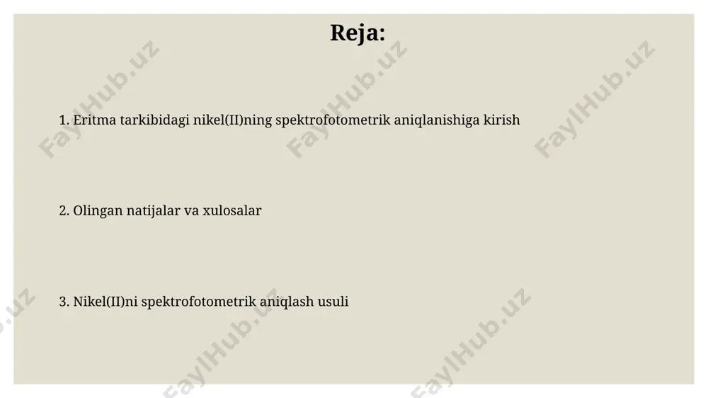 lab, chiziqli regressiya usuli yordamida standart egri chiziladi va r² qiymati hisoblab chiqiladi. eritma tayyorlash eritmaning tayyorlanishi uchun yuqori tozalikdagi kimyoviy moddalar, masalan, 99,9% tozalikdagi nikel(ii) xlorid ishlatiladi va 20°c haroratda aniq tortish amalga oshiriladi. eritma tarkibidagi nikel(ii) ionlarining konsentratsiyasi spektrofotometrik usul yordamida 0,01-0,1 mm oralig'ida aniqlanadi, bu esa aniq o'lchovlarni olish imkonini beradi. nazariy asoslar nikel(ii)ning eritmadagi konsentratsiyasi beer-lambert qonuniga (a = εbc) asoslanib, yutilish (a) spektrofotometrik usulda aniqlanadi, bu yerda ε molyar yutilish koeffitsiyenti, b –küvetning uzunligi va c – konsentratsiyani bildiradi. nikel(ii) ionlari bilan reaksiyaga kirishadigan maxsus reagentlar yordamida hosil bo'lgan rangli kompleks birikmalarning yutilishini 500-600 nm to'lqin uzunligida o'lchash orqali uning miqdori aniqlanadi. adabiyotlar никель(ii)ни спектрофотометрик усулда аниқлаш бўйича 20 дан ортиқ илмий мақолалар ва монографиялар таҳлил қилинди, бунда 0,1-10 мг/л концентрациядаги никелнинг аниқланишини таъминловчи турли хил реактивлар ва усуллар кўриб чиқилди. тадқиқотда, никель(ii) ионларини аниқлаш учун сезгирлиги 0,01 мг/л бўлган 3 та турли хил спектрофотометрик …