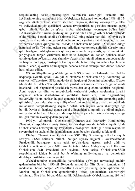 juda katta ahamiyat kasb etdi. ushbu anjumanda i.karimov o’zbekistonning sobiq ittifoqda tutgan o’rni va rolini aniq-ravshan belgilab berdi, madaniy merosni va tarix haqiqatini tiklash, milliy urf-odatlar va an’analarni rivojlantirish obektiv zarurat ekanligini isbotladi. o’zbekistonning yangi hukumati markaz bilan bo’ladigan munosabatlarni o’zgartirmay turib, ijobiy siljishlarga erishib bo’lmasligini va buning uchun respublikaning to’liq mustaqilligini ta’minlash zarurligini tushunib etdi. i.a.karimovning tashabbusi bilan o’zbekiston hukumati tomonidan 1989-yil 15-avgustda «kolxozchilar, sovxoz ishchilari, fuqarolar, shaxsiy tomorqa xo’jaliklari va individual uy-joy qurilishini yanada rivojlantirish to’g’risida» maxsus qaror qabul qilindi. garchi bu g’oya ittifoq rahbarlariga yoqmagan bo’lsa ham, i.a.karimov o’z fikridan qaytmay, uni jasorat bilan amalga oshira bordi. natijada o’sha yilning 4 oyida aholi qo’shimcha 90,7 ming gektar yer oldi. «g’oyat og’ir ayni o’sha sharoitda aholiga qo’shimcha tomorqa yerlari ajratish haqidagi farmon va qarorlar qabul qilingani shu asosda, o’zbekiston bo’yicha 2,5 million oilaga hammasi bo’lib 700 ming gektar sug’oriladigan yer tomorqa sifatida xususiy mulk qilib berilgani qishloqlarimizda ijtimoiy …