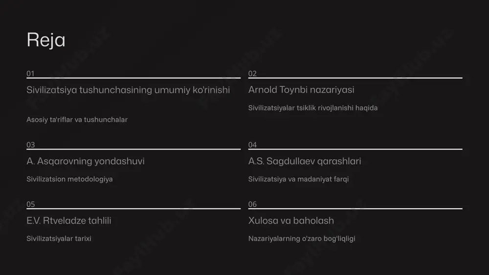 ish nazariyasidan kengroq ko'radi va murakkab yondashuv taklif etadi osiyo usuli "osiyo ishlab chiqarish usuli" muammosiga alohida e'tibor qaratadi va uning o'ziga xos xususiyatlarini o'rganadi tizimli yondashuv sivilizatsiya yondashuvi jamiyatni yanada kengroq va tizimli o'rganishga imkon beradi asqarovning metodologik yondashuvi 1 tizimlilik printsipi ijtimoiy fanlarda tizimlilik va metodologiyaning ahamiyati to'g'risida chuqur fikrlar 2 yangi yo'nalish sivilizatsiya yondashuvi ijtimoiy fanlarning rivojlanishiga yangi yo'nalish beradi 3 murakkab tizim sivilizatsiya – ijtimoiy-hayotiy jarayonlarning murakkab va o'zaro bog'liq tizimi a.s. sagdullaevning sivilizatsiya tushunchasi ta'rif sivilizatsiya – madaniyat va huquqiy tizimlar majmuasi belgilovchi omillar shaharlar, yozuv, ijtimoiy tabaqalanish va davlat tashkiloti farqlash sivilizatsiya va madaniyat o'rtasidagi farqni aniqlash sivilizatsiya va madaniyat farqi madaniyat inson tomonidan yaratilgan barcha narsalar va qadriyatlar tizimi sivilizatsiya shaharlar va fuqarolik jamiyati bilan bog'liq ijtimoiy tizim besh inqilob antropik, qishloq xo'jaligi, shahar, aksial va ilmiy inqiloblar sagdullaevning ta'kidlashicha, sivilizatsiya rivojlanishi tarixda besh asosiy inqilob orqali amalga oshgan. e.v. rtveladze va sivilizatsion …