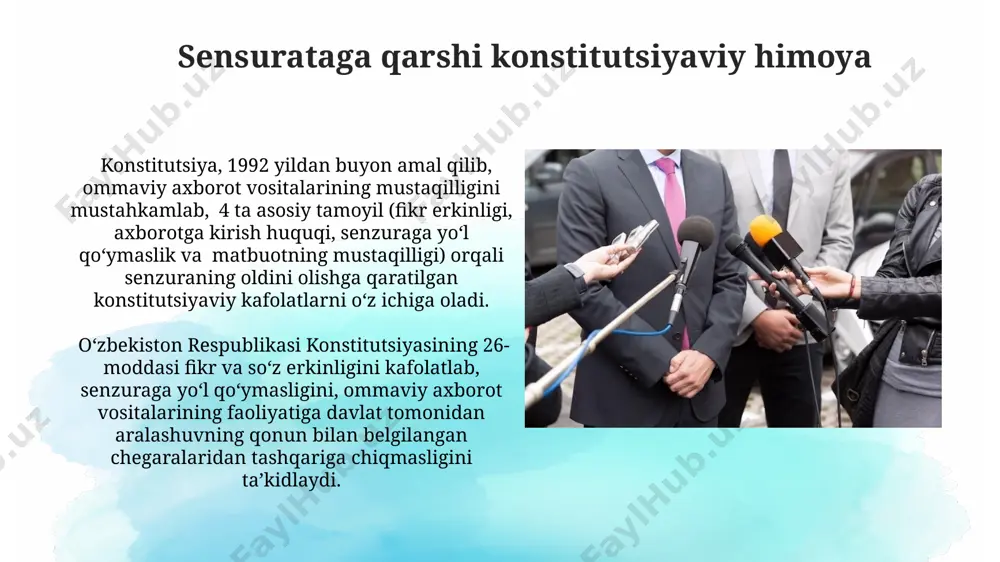 slari matbuot va boshqa ommaviy axborot vositalarining faoliyati, konstitutsiyaning 29-moddasiga muvofiq, davlat tomonidan senzura qilinmasligi kerak. bu erkinlik chegaralanishi mumkin bo'lgan 3 holat mavjud. oav ning konstitutsiyaviy kafolatlangan erkinligi, 25-moddada ifodalangan fuqarolarning axborot olish huquqi bilan chambarchas bog'liq bo'lib, bu huquqni amalga oshirishda muhim rol o'ynaydi. e'tiboringiz uchun rahmat @taqdimot_robot image2.jpg image3.jpg image4.jpg image5.jpg image6.jpg image7.jpg image8.jpg image9.jpg image10.jpg image11.jpg image12.jpg image13.jpg image1.png