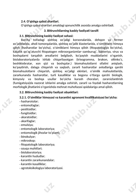 bar tomonidan belgilangan maqsadga erishish uchun jamoada ishlay olish; uk-3. o‘zining kasbiy malakasini va shaxsiy kamolotini takomillashtirib borish; uk-4. jamoada va ma’lum vazifani bajarishga yo‘naltirilgan guruhda ishlash, hamkasblar, rahbarlar va mijozlar bilan samimiy, xushmuomala va samarali muloqot qilish; uk-5. ta’lim olgan tilida fikrini og‘zaki va yozma ravishda ravon bayon qilish; uk-6. umuminsoniy fazilatlarga ega bo‘lish, o‘z millatini va vatanini sevish, u bilan faxrlanish, milliy urf-odatlar, qadriyatlarni hurmat qilish; uk-7. professional vazifalarni samarali bajarish uchun zarur bo‘ladigan ma’lumotlarni qidirish; uk-8. kasbiy faoliyatida axborot-kommunikatsiya texnologiyalarini qo‘llash; uk-9. kasbga doir hujjatlar bilan ishlash; uk-10. kasbiy faoliyatda mehnat muhofazasi va xavfsizlik texnikasi qoidalariga amal qilish ko‘nikmalariga ega bo‘lish$ uk-11. sanoat va nosanoat tashkilotlarda vujudga keladigan chiqindilarni atrof-muhitga zarar yetkazmaslik choralarini koʻrish va utilizatsiya qilish; uk-12. sohaga oid ekologik madaniyatga rioya qilgan holda faoliyat olib borish. 4.2. 50810601-o‘simliklar himoyasi va karantini mutaxassisligi ta’lim dasturini o‘zlashtirgan bitiruvchi quyidagi kasbiy kompetensiyalarga ega bo‘lishi kerak. 4.2.1. o‘simliklar himoyasi …