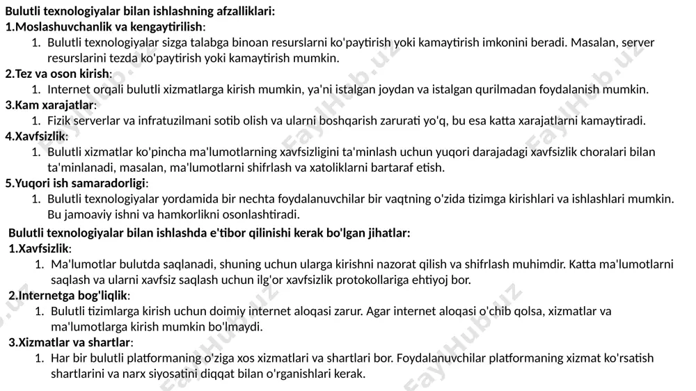 stalgan qurilmadan foydalanish mumkin. kam xarajatlar: fizik serverlar va infratuzilmani sotib olish va ularni boshqarish zarurati yo'q, bu esa katta xarajatlarni kamaytiradi. xavfsizlik: bulutli xizmatlar ko'pincha ma'lumotlarning xavfsizligini ta'minlash uchun yuqori darajadagi xavfsizlik choralari bilan ta'minlanadi, masalan, ma'lumotlarni shifrlash va xatoliklarni bartaraf etish. yuqori ish samaradorligi: bulutli texnologiyalar yordamida bir nechta foydalanuvchilar bir vaqtning o'zida tizimga kirishlari va ishlashlari mumkin. bu jamoaviy ishni va hamkorlikni osonlashtiradi. bulutli texnologiyalar bilan ishlashda e'tibor qilinishi kerak bo'lgan jihatlar: xavfsizlik: ma'lumotlar bulutda saqlanadi, shuning uchun ularga kirishni nazorat qilish va shifrlash muhimdir. katta ma'lumotlarni saqlash va ularni xavfsiz saqlash uchun ilg'or xavfsizlik protokollariga ehtiyoj bor. internetga bog'liqlik: bulutli tizimlarga kirish uchun doimiy internet aloqasi zarur. agar internet aloqasi o'chib qolsa, xizmatlar va ma'lumotlarga kirish mumkin bo'lmaydi. xizmatlar va shartlar: har bir bulutli platformaning o'ziga xos xizmatlari va shartlari bor. foydalanuvchilar platformaning xizmat ko'rsatish shartlarini va narx siyosatini diqqat bilan o'rganishlari kerak. bulutli texnologiyalar bilan …