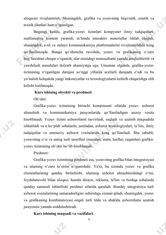 samarali tarzda birlashtirishni o‘rganish. 3. foydalanuvchi interfeyslarini optimallashtirish: yozuv va grafikaning samarali integratsiyasi orqali foydalanuvchilarga qulay, intuitiv va tezkor axborot taqdim etish. 4. yozuvning grafika bilan integratsiyasini o‘rganish: yozuv va grafika o‘rtasidagi o‘zaro munosabatni chuqur tahlil qilib, ularning qanday qilib yanada samarali va aniq bo‘lishini o‘rganish. 5. axborot tizimlarining estetik va funktsional jihatlarini yaxshilash: yozuv va grafika elementlarini birlashtirish orqali axborot tizimlarining estetik ko‘rinishini va ularning foydalanuvchilarga xizmat ko‘rsatish samaradorligini oshirish. 6. yozuv va grafikaning ijtimoiy va madaniy ta’sirini tahlil qilish: yozuv va grafika tizimlarining madaniyat, til va kommunikatsiya jarayonlaridagi rolini o‘rganish. 7. yozuv va grafika tizimlarining rivojlanish tendensiyalarini o‘rganish: yozuv tizimlarining rivojlanishida grafikaning o‘rni va kelajakda bu tizimlar qanday yangi texnologiyalar bilan birlashtirilishi mumkinligini aniqlash. kurs ishining tarkibiy tuzilishi. kurs ishining tuzilishiga ko‘ra kirish, ikki asosiy bob, xulosa, foydalanilgan adabiyotlar ro‘yxatidan iborat. i bob. grafika-yozuv tizimining birinchi komponenti. 1.1. orfografiya prinsiplari. orfografiya — bu yozuvda tilning so‘zlarining shaklini va …