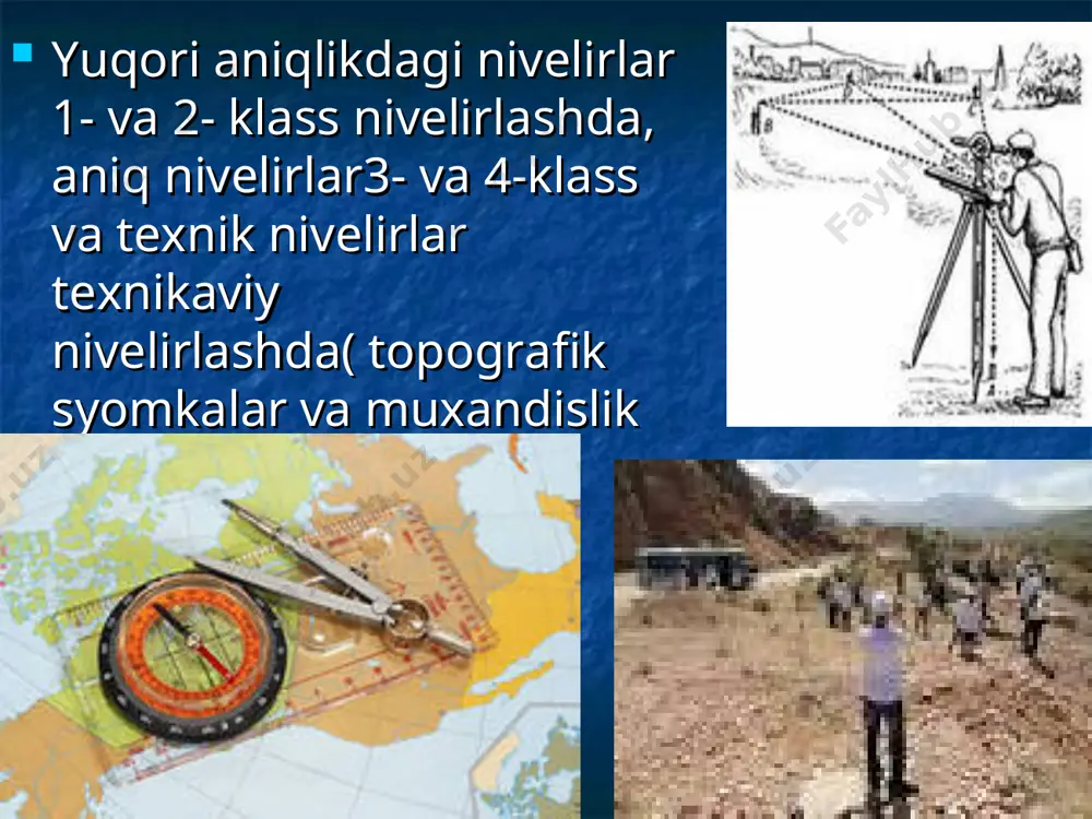 osim farqi orqali nisbiy balandlik xisoblanadi. aeronivelirlash ishlari radio balandlikni o’lchash va stataskop bilan uchib ketayotgan samolyotning yer sirtidan balandliginianiqlash orqali bajariladi. stereofotogrametrik nivelirlash joyning ikkita bir xil aerosuratini stereometr,sterokomparatorva ularga o’xshash maxsus asboblarda relyef modelini xosil qilib undan nisbiy balandlikni o’lchab olish bilan amalga oshiriladi. avtomatik nivelirlash joyning biron bir yo’nalishi bo’yicha profilini maxsus nivelir-avtomat ddeb ataluvchi asbobda chizib ,profildan nuqtalar nisbiy balandliginianiqlab olishga asoslangan.