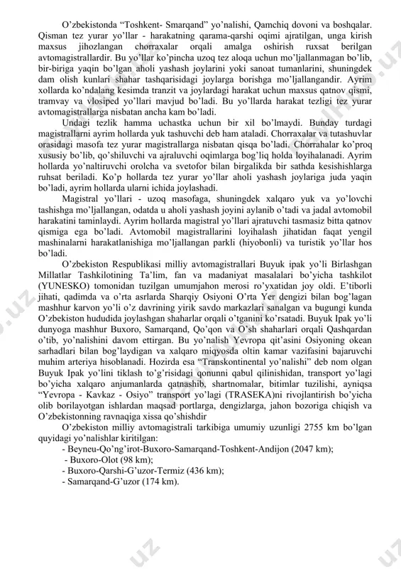 i tasma kesishuvlarning turli sathlarida bo’lishi, ko’rinishni ta’minlanishi, yo’l yoqasining mustahkamlangan bo’lishi va boshqalar. rossiyada tezkor avtomagistrallar ia va ib tezkor yo’llarga bo’linadi.tezkor yo’llarga turli sathda kesishuvlardan tashqari har 3 km.dan ortiq bir sathdagi tutashuvlar qurilishga yo’l qo’yiladi. “avtomagistral belgisi” 110 km/soat tezlikda harakatlanishga ruxsat beradi. rossiya federatsiyasida 2017-yil holatiga ko’ra pullik avtomagistrallar uzunligi 700 km.ni tashkil etadi. bu yo’llarda harakatlanish narxga ko’ra ko’p ko’rsatkichlar ta’sir qiladi. sutkaning vaqti, to’lov turi bosib o’tilgan masofa, harakatlanish masofasi, transport vositasining turi va boshqalar. avtomobil magistrallari joylardagi transport vositalari va yo’lovchilarga xalaqit bermasdan maxsus yuqori jadallikda yo’lovchi va yuk avtomobillarini tashishga mo’ljallangan yo’llardir. avtomagistrallarga qo’yiladigan asosiy talablardan biri qarama-qarshi kelayotgan avtomobillarni gruntli yo’lakcha yoki qoplamaga chizilgan chiziq bilan ajratilishidir. buning uchun ular ikkita qatnov qismli qilib quriladi. ular kerakli darajada keng bo’lib, avtomobillarni ikkata qatorini o’tkazishga mo’ljallangan bo’ladi. zamonoviy avtomagistrallarning umumiy ko’rinishi “avtomagistrallarga kirish” maxsus (qo’shiluvchi) yo’llar orqali olib boriladi. ular tezlashish va …