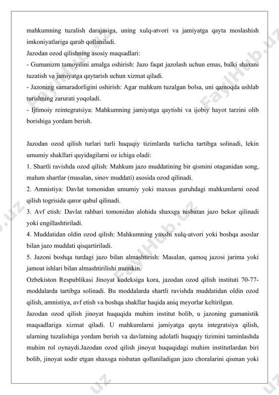 ozod qilishning turli shakllari va ularni qollash tartibi 72–76-moddalarda batafsil bayon etilgan. ushbu maqolada jazodan ozod qilish tushunchasi, uning huquqiy tarifi, turlari, ozres jkdagi asosiy moddalari, shuningdek, amaliy misollar va chuqur tahlillar keltiriladi. jazodan ozod qilish tushunchasi jazodan ozod qilish – bu jinoyat sodir etgan shaxsga nisbatan qollanilgan yoki qollanilishi mumkin bolgan jazoni qisman yoki toliq bekor qilish yoki uni yengillashtirishni anglatadi. bu jarayon jinoyat huquqining asosiy maqsadlaridan biri – shaxsning tuzalishi va jamiyatga reintegratsiyasini taminlashga xizmat qiladi. ozbekiston respublikasi jinoyat kodeksida jazodan ozod qilishning huquqiy asoslari va shartlari aniq belgilangan bolib, u sud yoki boshqa vakolatli organlar tomonidan qonunda kozda tutilgan holatlarda amalga oshiriladi.jazodan ozod qilishning huquqiy tarifi ozres jkning 72–76-moddalarida keltirilgan bolib, u jazoning maqsadi (jinoiy xatti-harakatlarning oldini olish, shaxsning tuzalishi va jamiyat xavfsizligini taminlash) va shaxsning shaxsiy holatlari (kasallik, oilaviy ahvol, tuzalish darajasi) asosida qollaniladi. bu institut nafaqat shaxsga ikkinchi imkoniyat berishni, balki jazoning ijtimoiy adolat tamoyillariga …