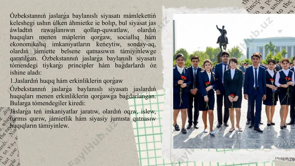 niyatlar jaratıw. jaslardı ilimiy-izertlew jumıslarına, innovaciyalıq texnologiyalar hám startap joybarlarına tartıw. jaslardıń sociallıq tarmaqlardaǵı jumısın hám sanlı texnologiyalarǵa bolǵan qızıǵıwshılıǵın qollap-quwatlaw. 8.jaslardı psixologiyalıq hám ruwxıy qollap-quwatlaw jaslardıń psixologiyalıq hám ruwxıy jaǵdayın jaqsılaw ushın tómendegiler ámelge asırıladı: jaslardıń psixologiyalıq salamatlıǵın támiyinlew, olardıń stress, depressiya hám basqa da psixologiyalıq mashqalalardı jeńiwde qollap-quwatlaw. jaslardı ruwxıy-ádep-ikramlılıq tárbiyalaw hám olardıń sociallıq belsendiligin rawajlandırıwǵa qaratılǵan baǵdarlamalardı ámelge asırıw. ózbekstannıń jaslarǵa baylanıslı siyasatı jaslardıń barlıq tarawlarda belsene hám nátiyjeli qatnasıwın támiyinlewge qaratılǵan. jaslarǵa bilim, tájiriybe, sociallıq qorǵaw, bántlik hám mádeniy imkaniyatlar jaratıw, olardı siyasiy, ekonomikalıq hám sociallıq processlerge tartıw - bulardıń barlıǵı mámlekettiń keleshektegi turaqlı rawajlanıwına úles qosadı. ózbekstan jaslarǵa baylanıslı siyasattı ámelge asırıwda óz-ara birge islesiw hám mámlekettiń tásirin jáne de kúsheytiw arqalı tabıslarǵa erisiwdi maqset etken. photo by kadarius seegars on unsplash itibarin'iz ushun raxmet! image1.png image2.png image3.png image4.png image5.png image6.png image7.png image8.png image9.png image10.png image11.png image12.png image13.png image14.png image15.png image16.png image17.png image56.png image25.png image26.jpeg …