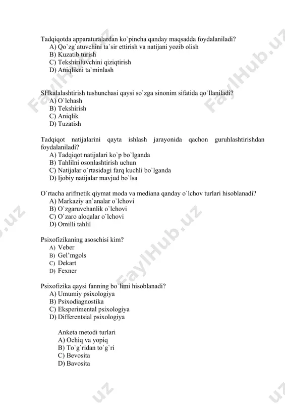 arak beruvchilig. qaysi olim insonda turli kechinmalar holatida yuzida bo’ladigan ifodalarni sxematik tarzda ko’rsatib berishga harakat qilgan? a) g.de-syupervel b) reykovskiy c) a.i.scherbakov d) rubinshteyn his-tuyg’ular uchun eng xususiyatli fiziologik jarayonlar negizi sifatida nima xizmat qiladi? a) shartsiz va shartli reflekslar b) tormozlanish c) faoliyat d) ehtiyoj g’oyat jo’shqinlik bilan o’tadigan qisqa mudatli emotsional holat nima deb ataladi? a) affekt b) ehtiros c) kayfiyat d) frustratsiya yoqimli hislar ishga tushganda insonda nafas olish tezligi qanday o’zgaradi? a) ortadi b) kamayadi c) tezlashadi d) sekinlashadi insonda emotsiyalarning eng aniq va yaqqol ko’rinishlari qaysilar? a) kulgi va yig’i b) g’amxo’rlik c) stress va affekt d) aldanish ushbu ehtiyoj qanday ehtiyoj hisoblanadi ? tashnalik, ochlik, dam olish, uy-joy ? a) fiziologik b) ijtimoiy c) atrof muhit d) umumiy ehtiyojlarning qaysi turida o’z shaxsiy hayotini himoya qilish, tobelik aks etdi? a) tabiiy b) individual c) jamoaviy d) guruhiy qaysi psixologiya maktabida motivatsiya mohiyatini eksperimental …