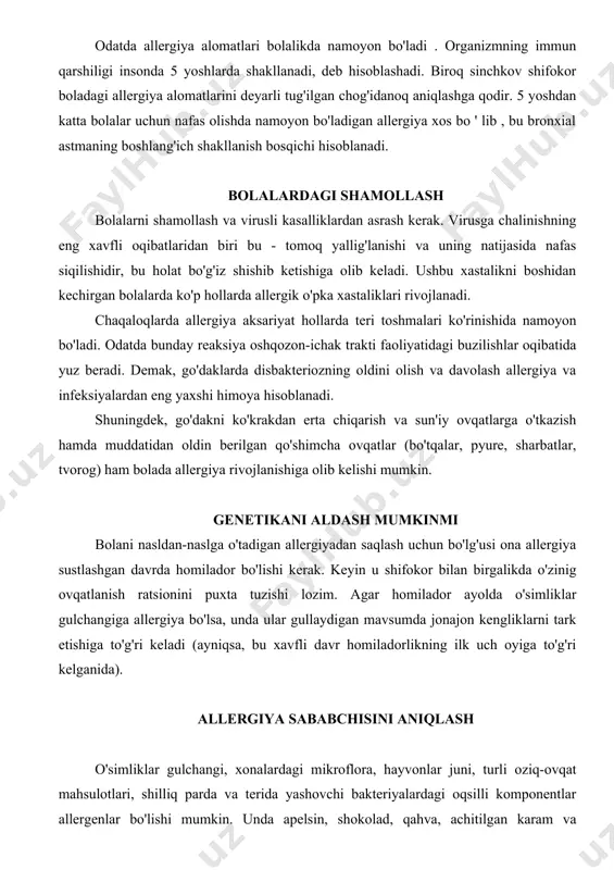 bo'lishi mumkin. unda apelsin, shokolad, qahva, achitilgan karam va marinadlangan bodringlarga nisbatan allergik ta'sirning (qichish, qizarish, toshma) paydo bo'lishini qanday qilib tushuntirish mumkin? axir ularning tarkibida hech qanday oqsil moddalar yo'q-ku? ma'lum bo'lishicha, shu va boshqa oziq-ovqat mahsulotlari muayyan sharoitlarda allergen rolini ham o'ynar ekan. salbiy reaksiya deyarli har qanday dori preparatini qabul qilishga, maishiy kimyo, kosmetika vositalari va turli ishlab chiqarish allergenlari bilan ishlaganda javob sifatida namoyon bo'lishi mumkin. allergiyani qo'zg'atuvchi sabablar juda ko'p, shu bois allergiya bo'yicha ko'rikni albatta allergolog-immunolog shifokor qabulidan boshlash kerak. tahlillar shifokorning gumonlarini tasdiqlaydi xolos. allergenni terida sinab ko'rish. tirsakning ichki yuzasiga eng ko'p tarqalgan allergenlardan (oziq-ovqat, zamburug', epidermal) 10-15 tomchi tomiziladi. keyin nozik pat yordamida shu joy ozroq tirnaladi. ikki daqiqadan keyin terida hosil bo'ladigan reaksiyaga qarab natijaga baho beriladi. allergenni teri ichida sinab ko'rish . allergen terining ustki qatlamiga ukol qilish usuli bilan kiritiladi. ushbu usuldan allergiya alomatlari yetarli darajada ravshan bo'lmagan …