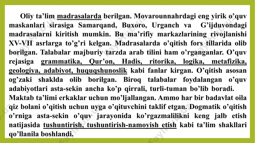 hi) 3.ta’limni tashkil etishning noan’anaviy shakllari xx asr 70-yillari o’rtalarida milliy maktablarda o’quvchilarning mashg’ulotlarga qiziqishlarining pasayish xavfi aniqlandi. muammoni bartaraf etish maqsadida nostandart darslarning tashkil etilishiga alohida e’tibor qaratildi. nostandart dars an’anaviy tuzilishdagi improvizatsion o’quv mashg’ulotidir. pedagogik adabiyotlarni tahlil qilish nostandart darslarning o’nlab turlari mavjudligini ko’rsatdi. ular orasida “berilish” darsi, amaliy o’yinlar, matbuot konferentsiyalari, ijodiy hisobotlar, musobaqalar, kvn turidagi o’yinlar, tanlov, teatrlashtirilgan darslar, kompyuterli darslar, fantaziyalar, “sudlar”, haqiqatni izlash, “paradokslar”, auktsionlar, dialoglar ta'limning noan'anaviy shakllari quyidagilarni o'z ichiga oladi: kollektiv mehnat shakllaridan foydalanish; mavzuga qiziqish uyg'otish; mustaqil ishlash ko'nikma va malakalarini rivojlantirish; talabalar faoliyatini faollashtirish; darsga tayyorgarlik ko'rishda o'quvchilarning o'zlari qiziqarli materialni qidiradilar; o'qituvchi va talabalar o'rtasida yangi munosabatlarni shakllantirish. 4. “ta’lim metodlari” tushunchasining mohiyati ta’lim metodlari muayyan pedagogik jarayondan ko’zda tutilgan maqsadlarga erishish uchun bajarish lozim bo’lgan vazifalarii amalga oshirishda qo’llaniladigan turli-tuman ish usullari va shakllarini o’z ichiga oladi. bu ishlarni amalga oshirishning shakllangan va amaliyotda qo’llanilayotgan har turli …