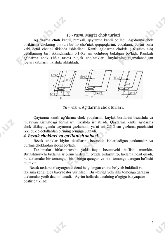 mumkin. bunda detal belgilangan chiziq bo’ylab ko’klanadi. so’ngra hosil bo’lgan taxlamanni bostirib yoki yorib dazmollanib, baxyaqator bostirib bezaladi.(17 - rasm) bo’rtma choklar detal o’ngi tomonga mayda – mayda taxlangan, detal orasiga maxsus shnur qo’yib bo’rttirilgan, detalning ham teskari, ham o’ngi tomondan baxyaqator bo’rttirilgan bo’lishi mumkin. 1.1. zamonaviy milliy ko‘ylak modellari zamonaviy moda yo‘nalishi milliy ko‘ylaklarimizda ham o‘z aksini topgan desak adashmaymiz. kundan kunga milliy ko‘ylaklarimizning yangi bichimlari, yangi siluetlari ba yangi shakllari yaratilmoqda. bilamizki milliy ko‘ylak asosan koketka, qop ba yeng qismlaridan iborat. an’anaviy milliy ko‘ylak to‘g’ri siluetli, koketka chizigi buylab burmali buladi. old bo‘lagida koketka bo‘laklari bir – birining ustiga chiqib turishi yoki yaxlit bichilgan bo‘lishi mumkin. yoqali, yoqasiz bo‘ladi. yoqali bo‘lsa yoqa o‘mizi buylab utkazmali, qaytarma yoqali, tik yoqali, yoqa uchlari bog‘lanadigan (galstuksimon) bo‘lishi mumkin. yenglari o‘tqazma, yarim reglan bichimli, old ba ort bo‘lak bilan yaxlit bichilgan bo‘lishi mumkin. yeng bichimlari keng, tor, kapalaksimon, fonarik, burmali ba xakozo …