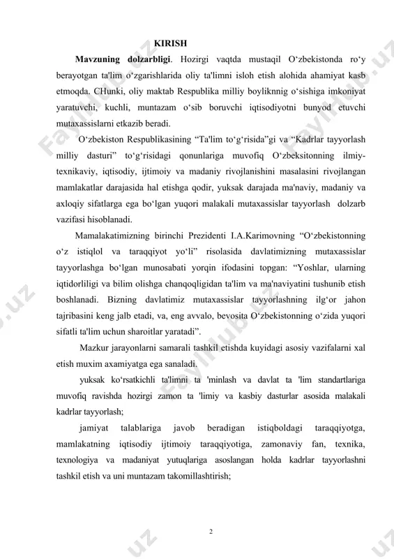 'lim standartlariga muvofiq ravishda hozirgi zamon ta 'limiy va kasbiy dasturlar asosida malakali kadrlar tayyorlash; · jamiyat talablariga javob beradigan istiqboldagi taraqqiyotga, mamlakatning iqtisodiy ijtimoiy taraqqiyotiga, zamonaviy fan, texnika, texnologiya va madaniyat yutuqlariga asoslangan holda kadrlar tayyorlashni tashkil etish va uni muntazam takomillashtirish; · yoshlarni milliy istiqlol mafkurasi, umuminsoniy qadriyatlami bilish asosida, mustaqillik ideallariga sadoqat, vatanga, oilaga, atrof-muxitga muhabbat ruhida tarbiyalash; · axloqiy, madaniy va ilmiy qadriyatlami saqlash hamda ularni boyitish; · shaxsning intellektual, madaniy va axloqiy rivojlanish talablarini qondirish; · o‘quv jarayoniga yangi pedagogik hamda axborot texnologiyalarini, ta'limning fan va ishlab chiqarish bilan integrasiyalashuvining juriy mexanizmlarini kiritib borish; · fan, texnika, texnologiya ravnaqi, ilmiy pedagogik kadrlar hamda ta 'lim oluvchilaming ilmiy tadqiqotlari samaradorligi va ijodiy faoliyatini o‘stirish, olingan natijalardan ta'lim jarayonidafoydalanish; · davlat ta'lim standartlariga muvofiq zamonaviy ta'lim-kasb dasturlari asosida sifatli o‘qituvni ta'minlash va raqobatbardosh kadrlar tayyorlash; · yuqori malakali ilmiy-pedagog kadrlarni, jumladan xorijiy ilmiy markazlarda, tayyorlash; · mamlakatni …