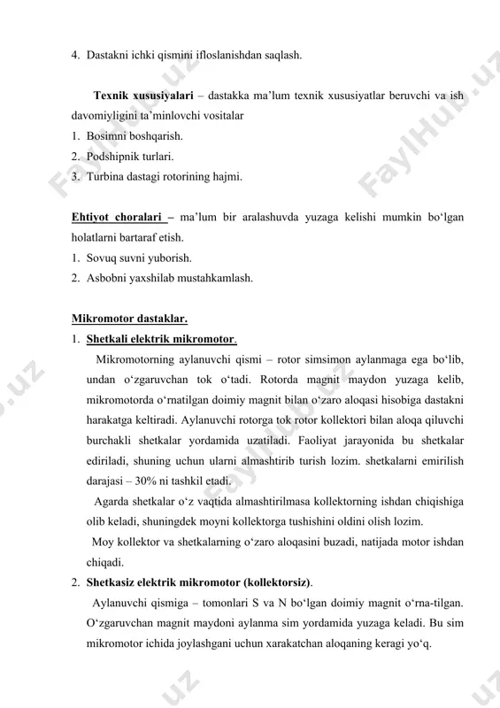 larning ekspluatatsion xususiyatlari. elektrik mikromotor xususiyatlari: 1. ijobiy tarafi ● tezlik diapozoni 1000 – 40.000 ayl⁄daqiqa ● yuqori kesmi kuchiga egaligi ● tezlikni aniq boshqara bilishi (havoli mikromotorga nisbatan) 2. salbiy tarafi ● burchakli shetkalarni emirilishi 30% dan ortmasligi (tez-tez almash- tirib turilishi lozim) ●qimmatligi ● dastak moyini mikromotor ichiga tushmasligini doimo nazorat qilib turish ● to‘xtab-to‘xtab ishlash (qizib ketishning oldini olish maqsadida) shetkasiz elektrik mikromotor xususiyati 1. ijobiy tarafi ●tezlik diapazoni 1000-40.000 ayl⁄daqiqa ● yuqori kesish kuchiga egaligi ●havoli mikromotorga nisbatan tezlikni aniq boshqara olishi ● burchakli shetkalarning yo‘qligi ● uzluksiz ishning davomiy tartibi ●servis xizmatlarga minimal muxtojligi 2. salbiy tarifi ● havoli mikromotorlarga nisbatan qimmatligi havoli mikromotor xususiyatlari 1. ijobiy tarifi ● ishonchlik ● dastakdagi xalkalar yordamida tezlikni boshqara bilish ●uzluksiz ishning davomiy tertibi ● «yumshoq» va «asta» ishni ta’minlay berishi doimiy ravishda almash- tirilishini talab qiluvchi shetkalarning yo‘qligi ●qimmat emasligi ●boshqa havoli dastaklarning dastalarida bu dastak turini …