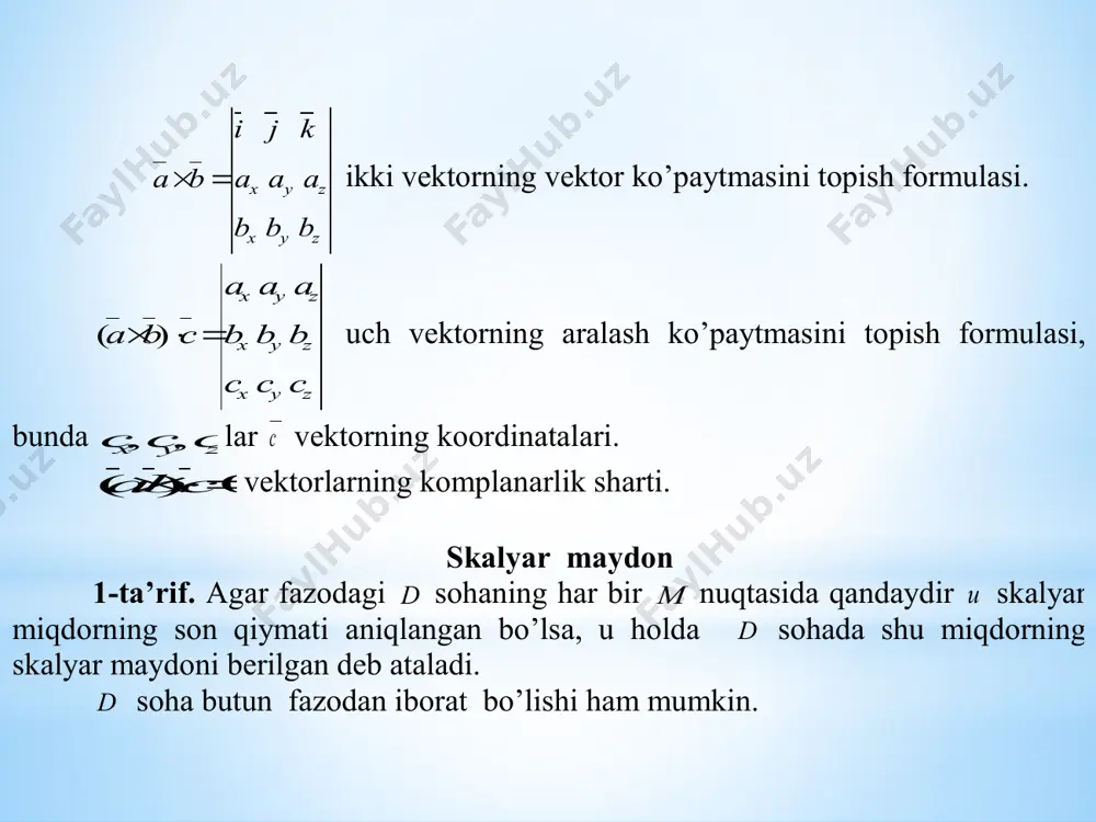 z u y u x uu             ga teng, bunda  cos,cos,cos   vektorning yo’naltiruvchi kosinuslari. isboti. ),,(zyxm nuqtada differensiallanuvchi u funksiyaning shu nuqtadagi u orttirmasini           z z u y y u x x u u ( 1) ko’rinishda yozish mumkinligi bizga ma’lum, bunda ε 222 )()()( zyx  ga nisbatan yuqori tartibli cheksiz kichik miqdor, ya’ni 0lim 0      . 2-chizma. agar funksiya orttirmasi   vektor yo’nalishi bo’yicha qaralsa uu   , ρ=∆  , ∆ x =∆ cos , cosy , cosz bo’lishi ravshan. u holda ( 1) tenglik            coscoscos   z u y u x u u ko’rinishini oladi. bu tenglikning ikkala tomonini ∆  ga bo’lamiz …