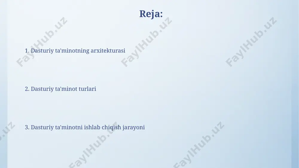 ilyator tillarga (masalan, c) nisbatan tezligi 10-15% ga past bo'lishi mumkin. ob'ektga yo'naltirilgan dasturlash (oop) paradigmasi, masalan, java yoki c++ tillarida qo'llaniladi va dastur kodini modullarga bo'lish orqali, taxminan 20% ga samaradorligini oshiradi. tarmoq dasturiy ta'minoti tarmoq dasturiy ta'minoti xavfsizlik devori (firewall) va intrusion detection system (ids) kabi xavfsizlik xususiyatlarini o'z ichiga olib, tarmoqdagi ma'lumotlarni 99% gacha himoya qiladi, bu esa kiberxavfsizlikni kuchaytiradi. samarali tarmoq boshqaruvi uchun tarmoq dasturiy ta'minoti 500 dan ortiq qurilmani, shu jumladan kompyuterlar, printerlar va serverlarni monitoring qilish va boshqarish imkonini beradi, bu esa samaradorlikni oshiradi. dasturiy ta'minot turlari dasturiy ta'minot turlarini 2 ta asosiy toifaga, ya'ni tizim dasturlari (operatsion tizimlar, drayvlar) va amaliy dasturlar (matn muharrirlari, brauzerlar) ga bo'lish mumkin, ularning har biri o'ziga xos funksiyalarni bajaradi. zamonaviy dasturiy ta'minotlarning 30% dan ortig'i bulutli texnologiyalar orqali taqdim etiladi, bu esa foydalanuvchilarga 24/7 kirish imkoniyatini va ma'lumotlarni markazlashtirilgan saqlashni ta'minlaydi. dasturiy ta'minotni sinovdan o'tkazish avtomatlashtirilgan sinovlar, …