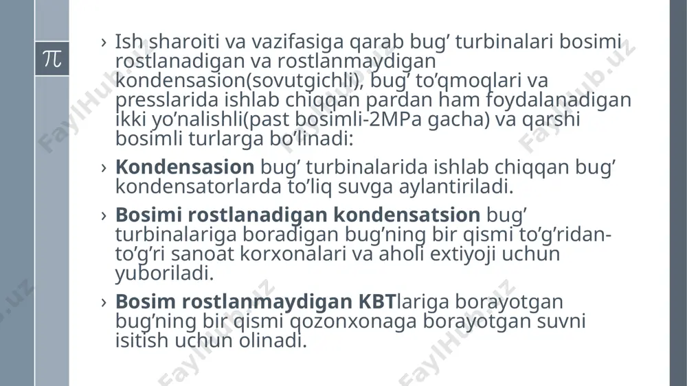 iga muvofiq, ishchi suyuqlik oqimiga yetkazilgan issiqlik entalpiyani o‘zgartirish, texnik ishlarni bajarish va uning kinetik energiyasini o‘zgartirish uchun sarflanadi: 13 4 - rasm. (a)- soplodagi bug‘ kengayish jarayonining i, s diagrammasi va turbina bosqichidagi bug‘ bosimining o‘zgarishi grafigi (b) 14 bug‘ turbinalarining afzalliklari bug' turbinalarining ishlashi turli xil yoqilg‘ida mumkin: gazsimon, suyuq, qattiq yuqori birlik quvvati sovutish suyuqligini bepul tanlash keng imkoniyatlar. bug‘ turbinalarining kamchiliklari bug‘ qurilmalarining yuqori inertsiyasi (uzoq vaqt boshlash va to‘xtatish) bug‘ turbinalarining yuqori narxi issiqlik energiyasi hajmiga nisbatan ishlab chiqarilgan elektr energiyasining past hajmi bug‘ turbinalarini qimmat ta'mirlash og‘ir yoqilg‘i moylari va qattiq yoqilg'idan foydalanganda ekologik ko‘rsatkichlarning pasayishi thank you for your attention! https://yandex.ru/video/preview/17814516422692911767 https://yandex.ru/video/preview/2262223311466230558 image1.jpeg image2.jpeg image3.jpeg image4.jpeg image5.png image6.png image7.png image8.jpeg image9.jpeg