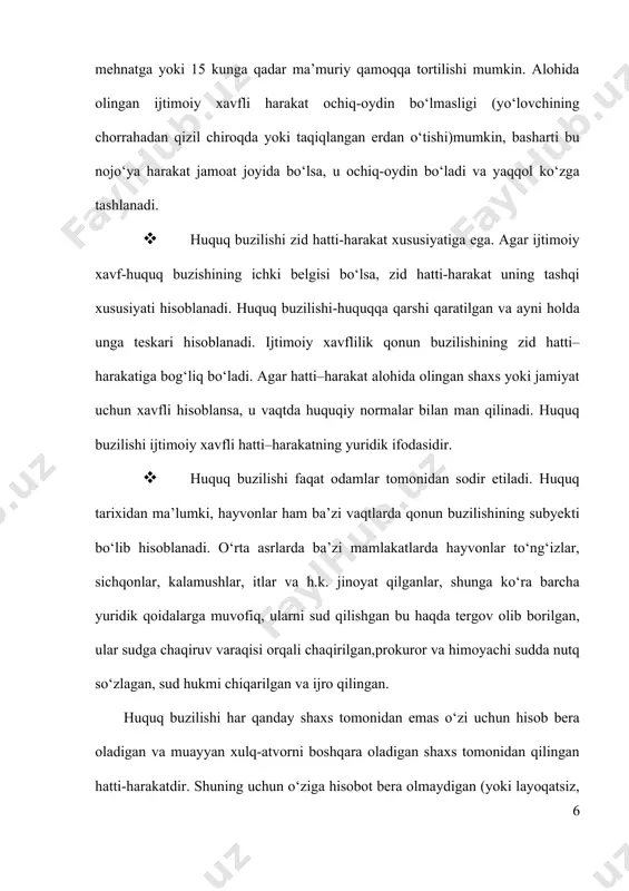 faqat shaxslar hisoblanadi. huquqbuzarlikning subyektiv tomoni-shaxsning huquqqa qarshi qaratilgan harakati yoki harakatsizligiga va ulardan kelib chiqadigan xavfli qilmishga nisbatan psixik-ongli ko‘rinishdagi munosabatdir. huquqbuzarlik subyektiv tomonining zaruriy belgisi aybdir. ayb huquqbuzarning huquqqa xilof hatti-harakatiga va ularning ijtimoiy xavfli oqibatiga nisbatan qasd yoki ehtiyotsizlik shaklidagi munosabatdir. qasd-shaxsning huquqqa xilof hatti-harakatni sodir etayotgan paytida, bu harakatning huquqqa xilof ekanligini, ijtimoiy xavfliligini, uning oqibatini anglash yoki tushunishdir(to‘g‘ri qasd) yoki bu hatti-harakatning ma’lum oqibatni keltirib chiqarishiga ongli ravishda yo‘l qo‘yishdir.(egri qasd). ehtiyotsizlik- shaxsning hatti-harakatlari natijasida kelib chiqishi mumkin bo‘lgan oqibatlarning oldini olishni nazarda tutib, beparvolik bilan o‘z-o‘ziga ishonib harakat qilishdir. huquqbuzarlik xaraktari va ijtimoiy xavflilik darjasiga qarab ikki turga bo‘linadi:jinoyat va nojo‘ya ish. jinoyat-ijtimoiy xavfli harakat yoki harakatsizlikdir. u davlatning ijtimoiy tuzumiga, jamiyatning siyosiy va iqtisodiy tizimiga, mulkka, fuqarolarning huquq va erkinliklariga xavfli tahdid soluvchi qilmishdir. nojo‘ya ish –huquqbuzarlikning ko‘p tarqalgan ko‘rinishi bo‘lib, ijtimoiy xavfning yo‘qligi bilan xarakterlanadi va jazo choralarining qo‘llanishi qarab jinoyatdan farq …