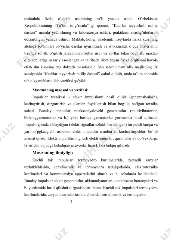 rotexnika kurilmalari va kommutatsiya apparatlarini sinash va b. sohalarda koʻllaniladi. bunday impulslar elektr generatorlar, akkumulyatorlar, kondensator batareyalari yordamida hosil qilinadi. 5 1.lazerlar lazer-kogrent nurlanish chiqaruvchi elektir optic asbob. lazer-(lotincha)-majburiy nurlanish yordamida yorug’likni kuchaytiruvchi. lazer fizikasini chuqur о‘rganish ijtimoiy hayotimizda juda foydalidir, chunki hozirgi kunda ishlab chiqarishning barcha sohalarida yengil va og‘ir sanoatda, geologiyada xullas barcha sohalarda lazerlar keng ishlatiladi. buni biz lazerli texnologiya mavzusida kо‘rib о‘tishimiz mumkin. spektrning optik qismida ishlatiladigan yorug’lik manbalarining nurlanishi kogerent bo’lmaydi, masalan, manbaning butun nurlanishi uning atomlari, molekulalari, ionlari, erkin elektronlari kabi mikroskopik elementlari chiqarayotgan va o’zaro kogerent bo’lmagan oqimlardan tashkil topgan bo’ladi. gaz razryadining yorug’lanishi, su’niy va tabiiy manbalarning issiqlik nurlanishi, turli usulda uyg’otilgan lyuminessensiya kogerent bo’lmagan nurlanishga misol bo’la oladi. xx asrning 60 yillari boshida boshqa tipdagi yorug’lik manbalari yaratilgan bo’lib, ular optik kvant generatorlari (okg) yoki lazerlar deb ataladi. kogerent bo’lmagan manbalardagiga qarama-qarshi ravishda kvant generatorning bir-biridan mikroskopik masofalarda bo’lgan qismlaridan chiqayotgan …