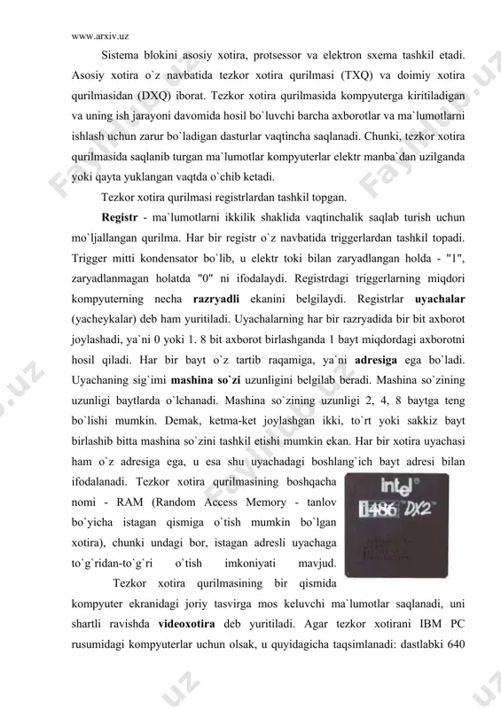 g barcha asosiy qurilmalarining sozligini tekshiruvchi dasturlar, diskyurituvchi, monitor, klaviatura qurilmalarining ishini boshqaruvchi dasturlar, operatsion sistema diskning qaysi joyida joylashganligi haqidagi axborotlar joylashgan bo`ladi. protsessor - kompyuterning asosiy qurilmasi. protsessor arifmetik va mantiqiy amallar bajaradi, xotira bilan bog`lanadi va barcha mahalliy qurilmalarning ishini boshqaradi. protsessorning asosiy ishi tezkor xotira qurilmasida joylashgan dasturdan navbatdagi buyruqni o`qish va bajarish, natijani yozib qo`yish hamda keyingi bajariladigan buyruqni aniqlashdan iborat takrorlanuvchi jarayon. dastur - kompyuter bajarishi lozim bo`lgan buyruq va ko`rsatmalarining izchil ketma-ketligi. bundan tashqari protsessor dastur mazmunidagi boshqarishni amalga oshirish, ma`lumotlarni zarur joydan o`qish, lozim joyga yozish, kerak joyga uzatish boshqa qurilmalarning izlanishini muvofiqlashtirish vazifasini ham bajaradi. demak, protsessor berilgan dastur va zarur malumotlar asosida odam aralashuvisiz kompyuterning avtomatik ishlashini ta`minlovchi qurilma ekan. zamonaviy kompyuterlarda protsessor vazifasini mikroprotsessor, ya`ni o`ta katta integral sxemalar bajarmoqda, u 10 mm kvadratdan ham kichik yuzada joylashgan yagona yarim o`tkazgichli kristalda (kremniy yoki germaniy) joylashgan millionlab mitti tranzistorlardan …