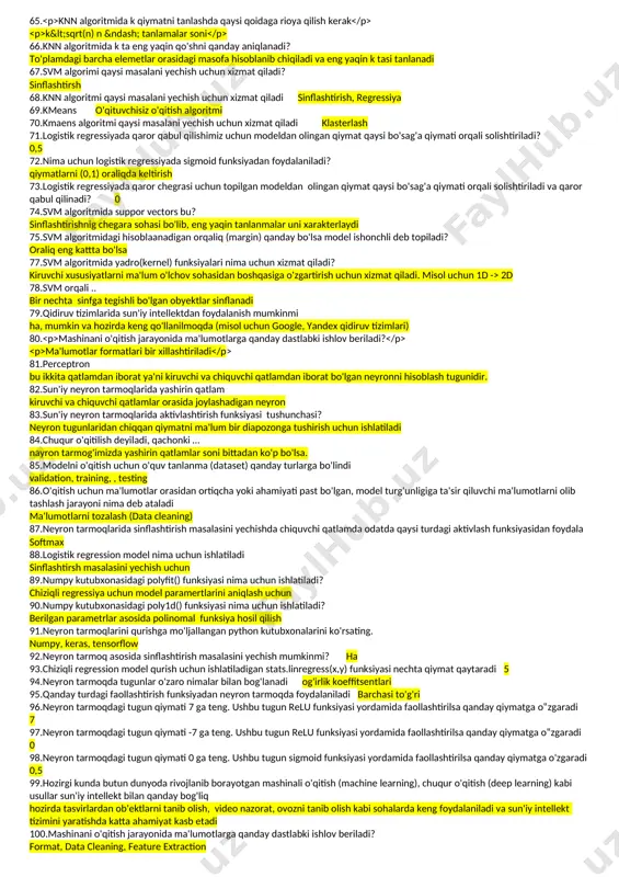 ik beradi. model murakkab tuzilgan. 37.bias tushunchasiga ta'rif bering modelni train to'plam bilan testlaganda bo'ladigan xatolik 38.variance tushunchasi? modelni test to'plam bilan testlaganda bo'ladigan xatolik 39.bias va variance tushunchalarining farqini toping. bias modelni train to'plam bilan testlagandagi xatolik, variance esa test to'plam bilan testlagandagi xatolik 40.bias qiymati yuqori bo'lsa qaysi turdagi muammo sodir bo'lmoqda? underfitting 41.variance qiymati yuqori bo'lsa qanday turdagi muammo sodir bo'lmoqda? owerfitting 42.agar bias quyi va variance yuqori bo'lsa qanday turdagi muammo sodir bo'lmoqda? owerfitting 43.model murakkab bo'lsa bias qanday bo'ladi? quyi, model o'rgatuvchi tanlamaga mostlashib qoladi va train to'plamda xatoligi past bo'ladi 44.model murakkab bo'lsa variance qanday bo'ladi? yuqori, model o'rgatuvchi tanlamaga mostlashib qoladi va test to'plamda xatoligi yuqori bo'ladi 45.underfitting model juda soda. shuning evaziga model train to'plamda ham, test to'plamda katta xatolik bo'lishiga olib keladi 46.owerfitting model juda muarkkab. shuning evaziga model train to'plamda past, test to'plamda yuqori xatolik bo'lishiga olib keladi 47.underfitting muammosi …