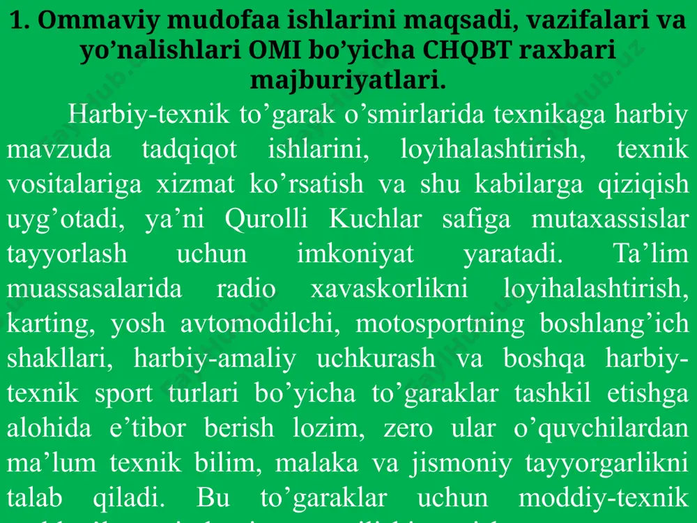’lim muassasalarida shuningdek, 4 yillik dastur bo’yicha shug’ullangan razryadchi-sportchilar tayyorlash to’garaklari tashkil qilinishi mumkin. bu to’garaklarda shug’ullanishni istovchilar ota-onalari ta’lim muassasasi direktori va vrach ruxsatiga (yozma roziligiga) ega bo’lishi shart. to’garak a’zosi amaliy otishga faqat qurol bilan muomala qilishni o’rgangan, "otishlar davrida tir va otish joylarida o’zini tutish yo’riqnomasi"ni o’zlashtirgach va daftarga bu yo’riqnomasini bilishi to’g’risida shaxsan imzo chekkach qo’yiladi. o’z navbatida o’qituvchi bu yo’riqnomani o’tkazganini imzosi bilan tasdiklaydi. ta’limning birinchi yilida o’smirlar razryadlari bo’yicha sportchilar tayyorlanadi. ikkinchi yili — iii razryad; uchinchi yili — ii razryad; to’rtinchi yili — 1 razryad sportchilari tayyorlash amalga oshiriladi. o’quv yili oxirida (birinchi yil mustasno) "tir va otish joylarida o’zini tutish yo’riqnomasi"si bo’yicha yaxshi bilimni namoyish etgan va iii - sport razryadiga ega bo’lgan sportchilarga "sport bo’yicha hakam" unvoni berilishi mumkin. bu unvonga da’vogar o’quvchilar butun nazariy ko’rikni: kichik kalibrli miltiqning tuzilishi; aniq o’q otish texnikasi asoslari; musobaqa qoidalarini bilishlari, shuningdek murabbiy ko’rsatgan …